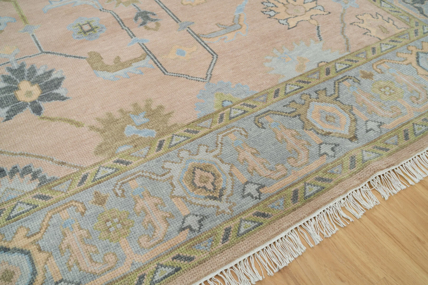 Sand & Olive Hand-Knotted Oushak Rug – Palmette & Vine