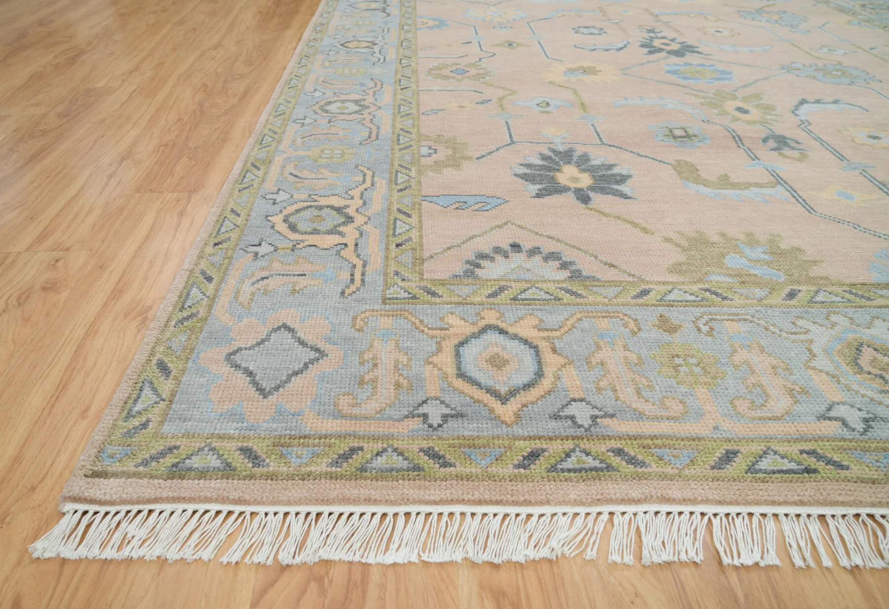 Sand & Olive Hand-Knotted Oushak Rug – Palmette & Vine