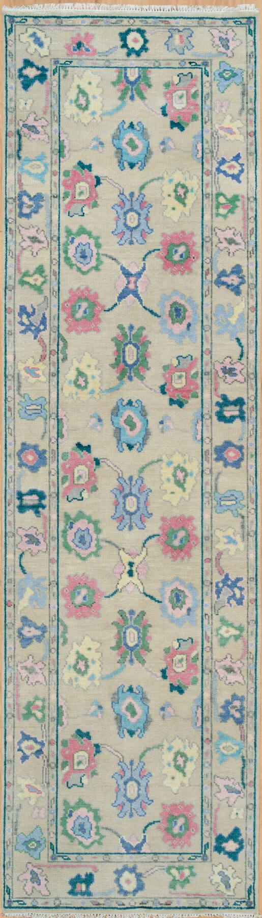 Beige & Coral Hand-Knotted Oushak Rug – Palmette & Rosette