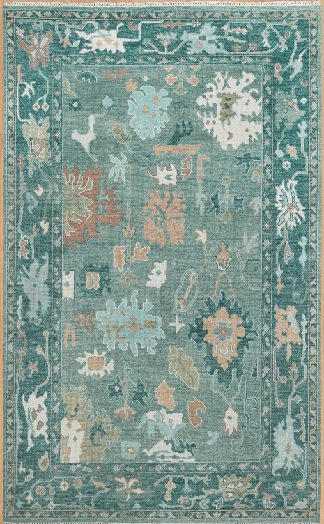 Teal Hand-Knotted Oushak Rug – Palmette & Vine