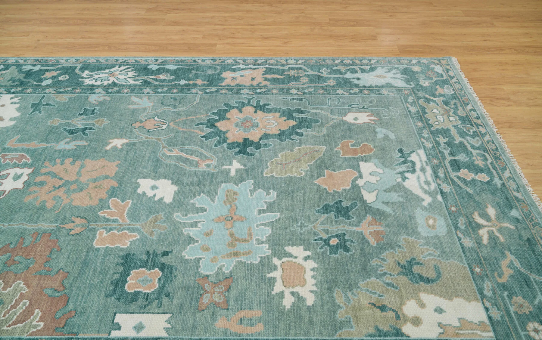 Teal Hand-Knotted Oushak Rug – Palmette & Vine