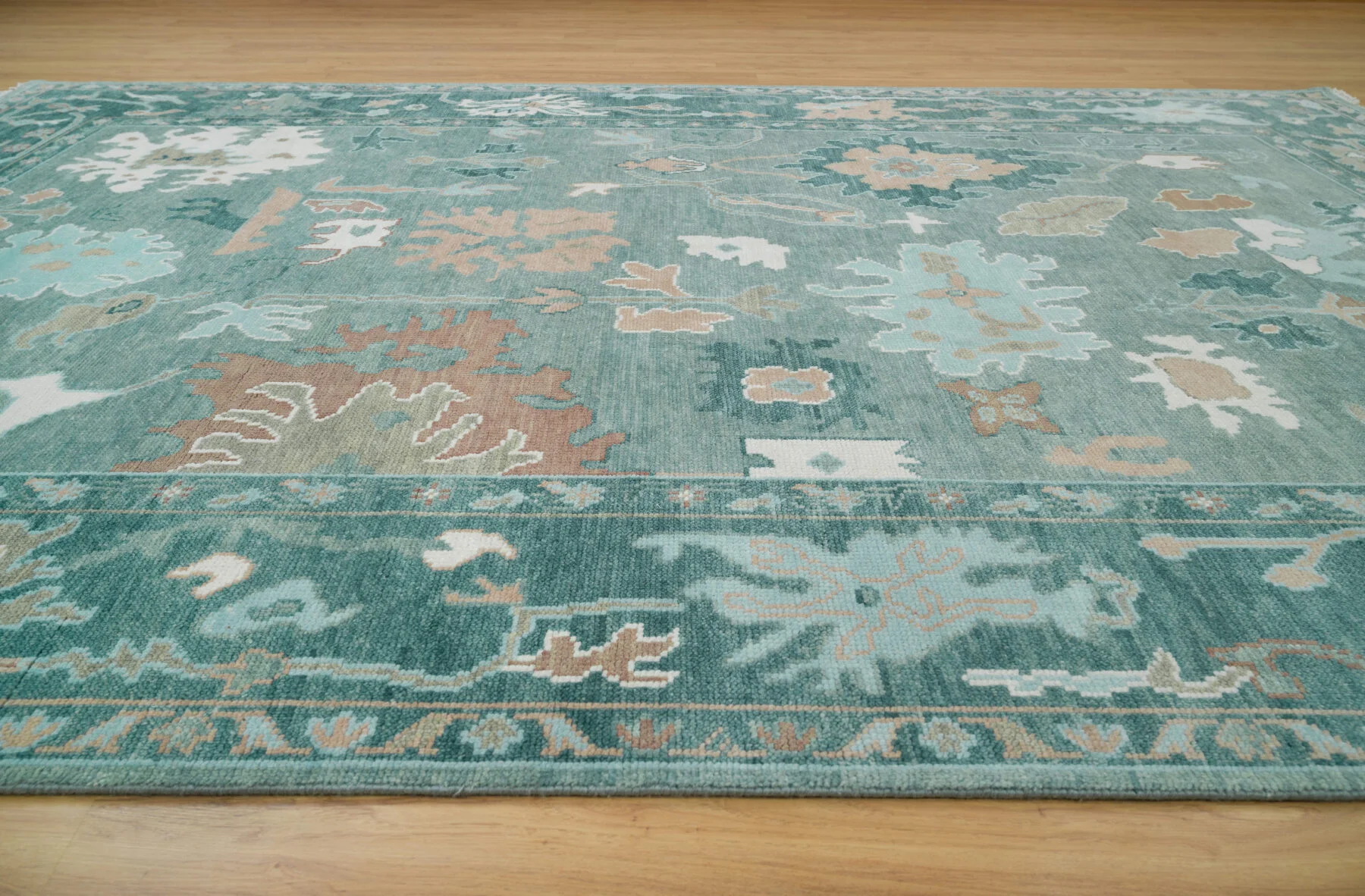 Teal Hand-Knotted Oushak Rug – Palmette & Vine