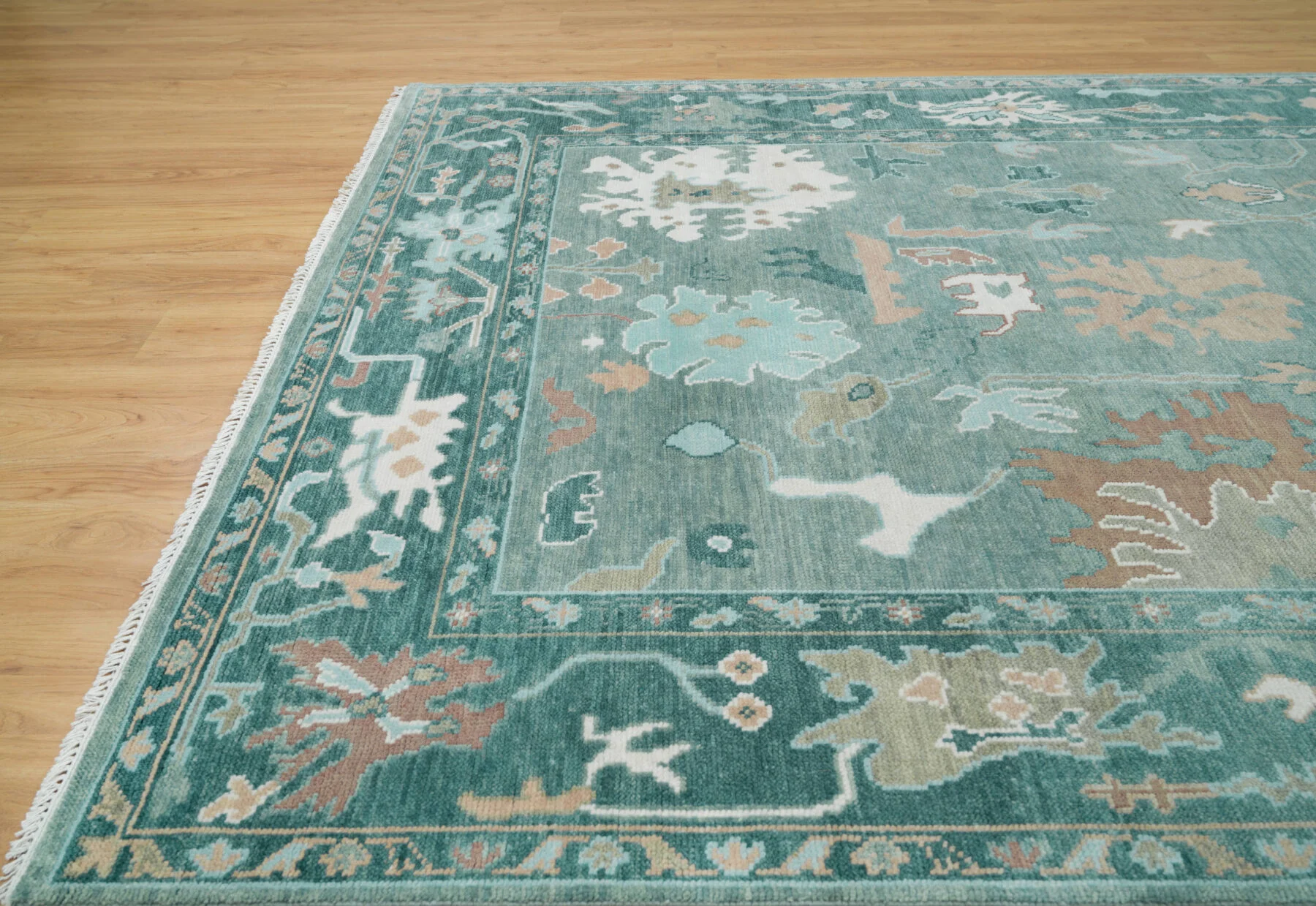 Teal Hand-Knotted Oushak Rug – Palmette & Vine