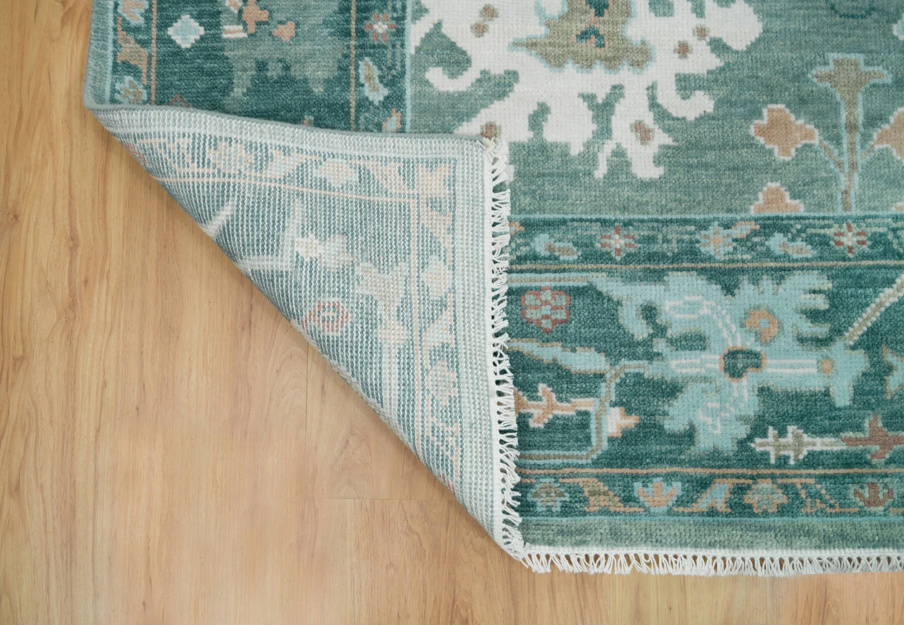 Teal Hand-Knotted Oushak Rug – Palmette & Vine