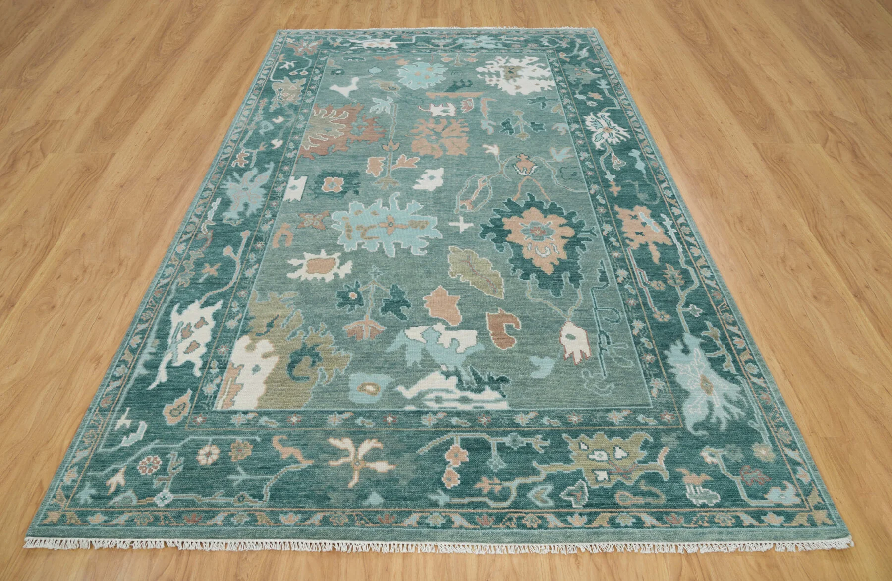 Teal Hand-Knotted Oushak Rug – Palmette & Vine