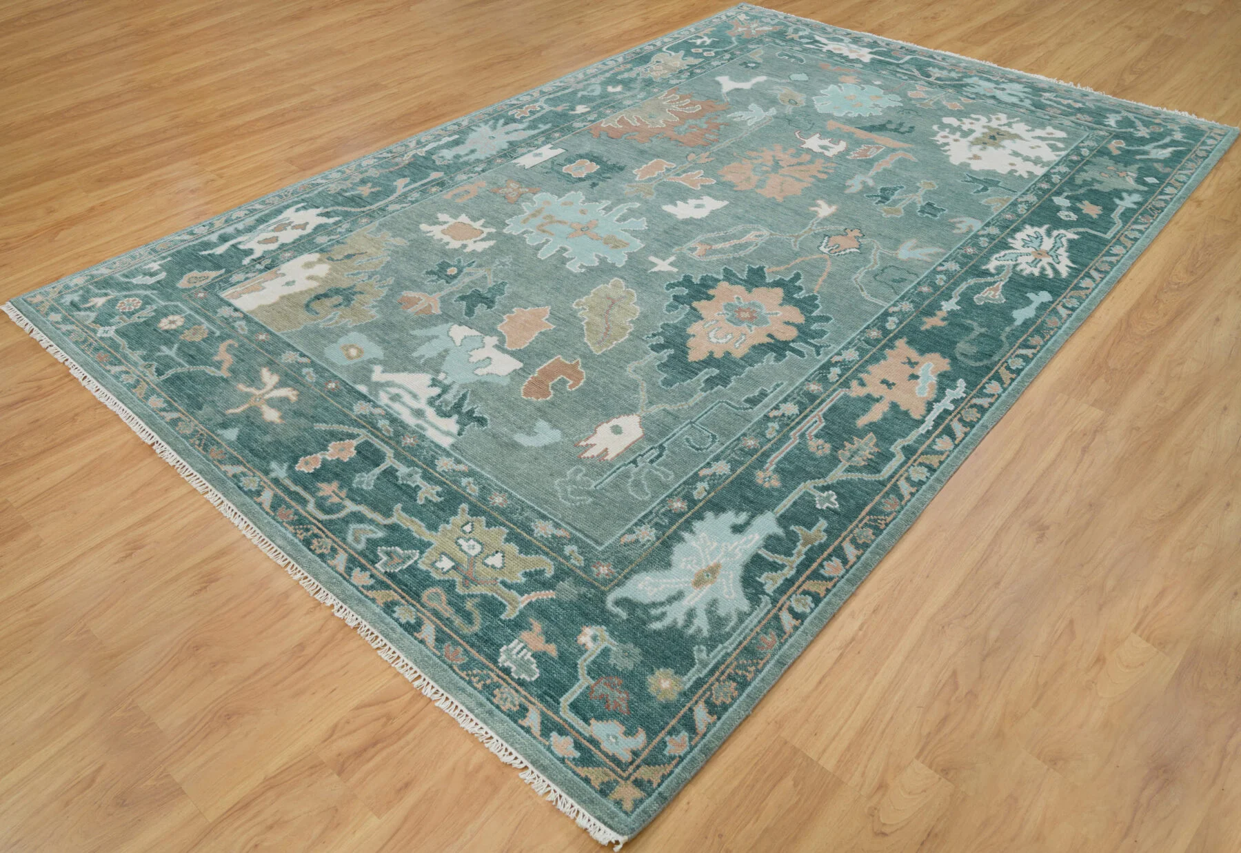 Teal Hand-Knotted Oushak Rug – Palmette & Vine