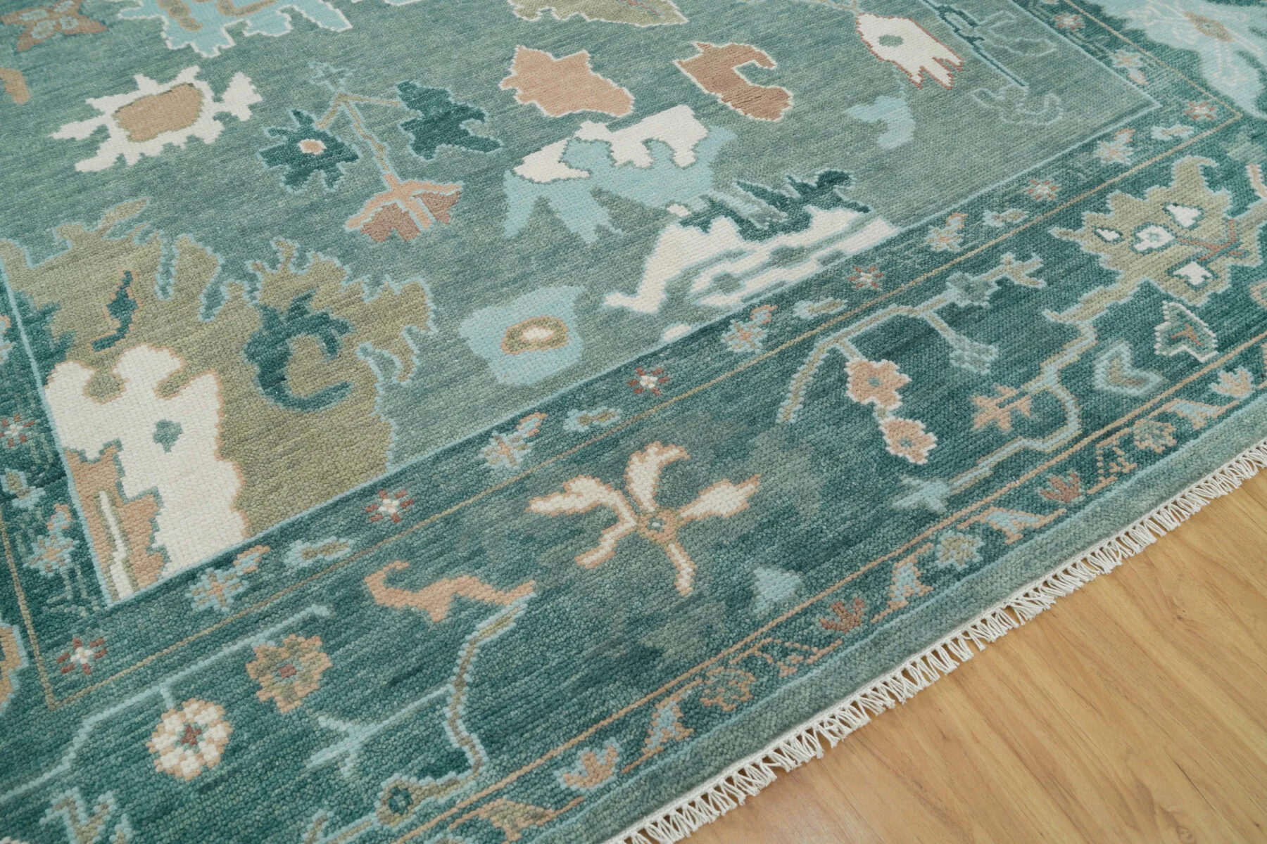 Teal Hand-Knotted Oushak Rug – Palmette & Vine