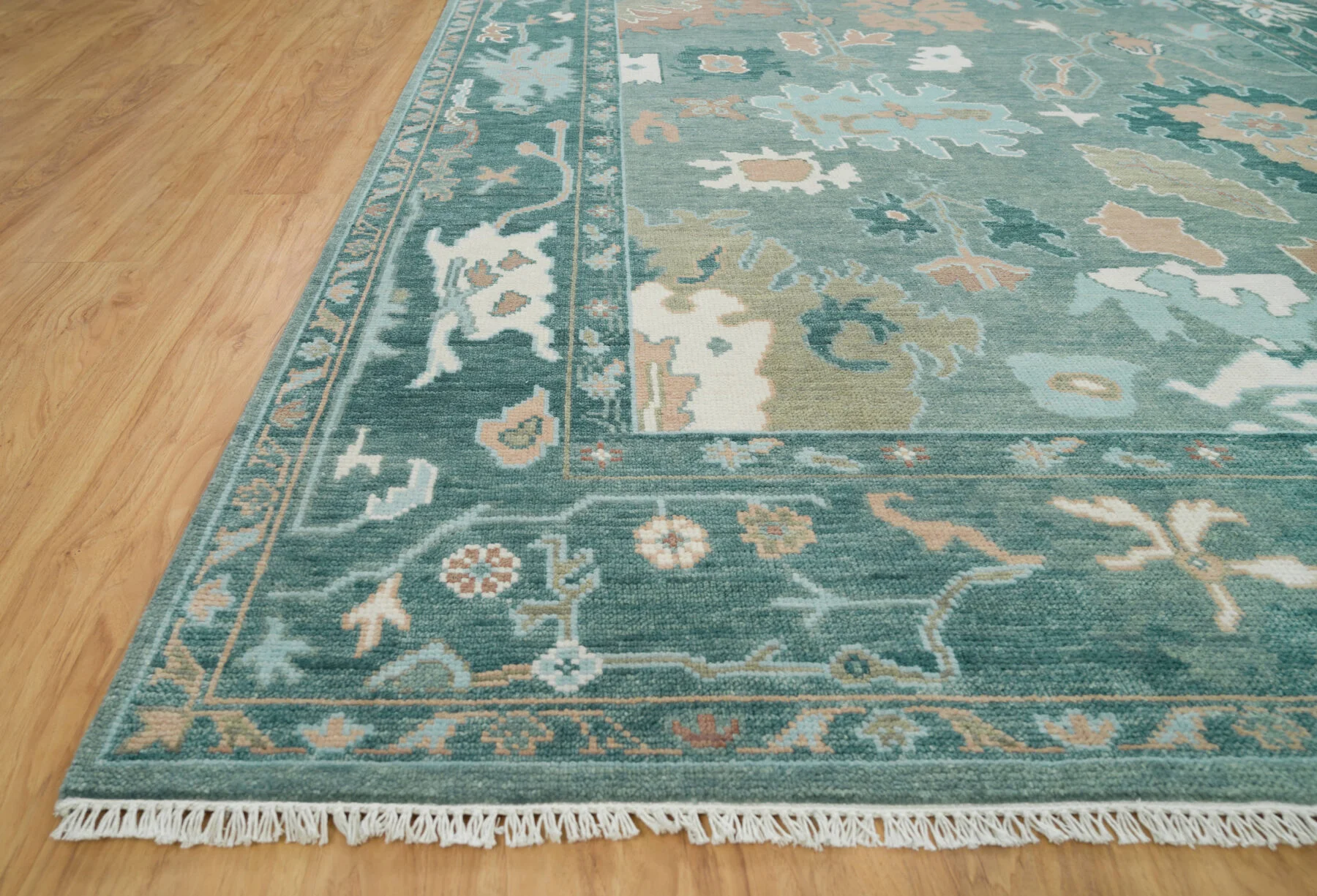 Teal Hand-Knotted Oushak Rug – Palmette & Vine