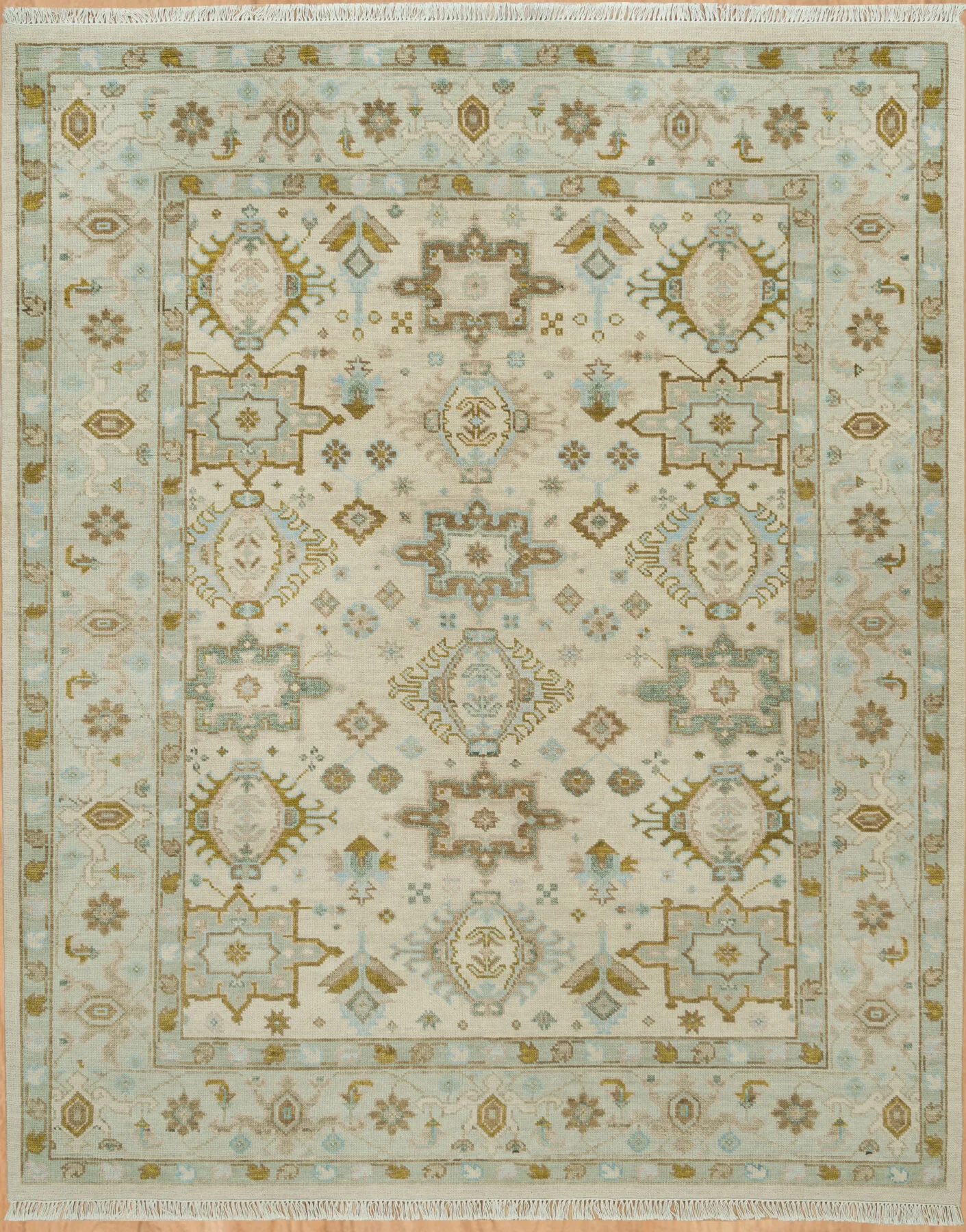 Beige & Olive Hand-Knotted Oushak Rug – Palmette & Rosette