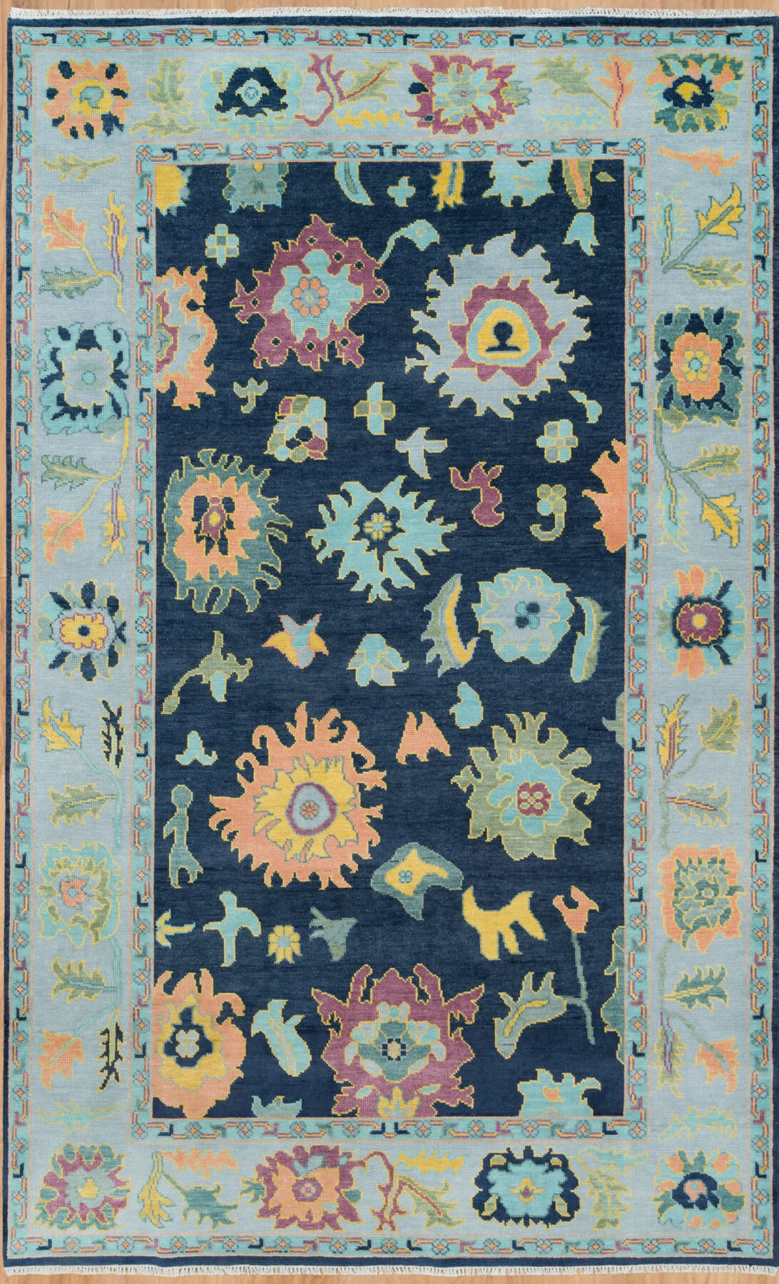 Navy & Peach Hand-Knotted Floral Rug – Palmette & Rosette