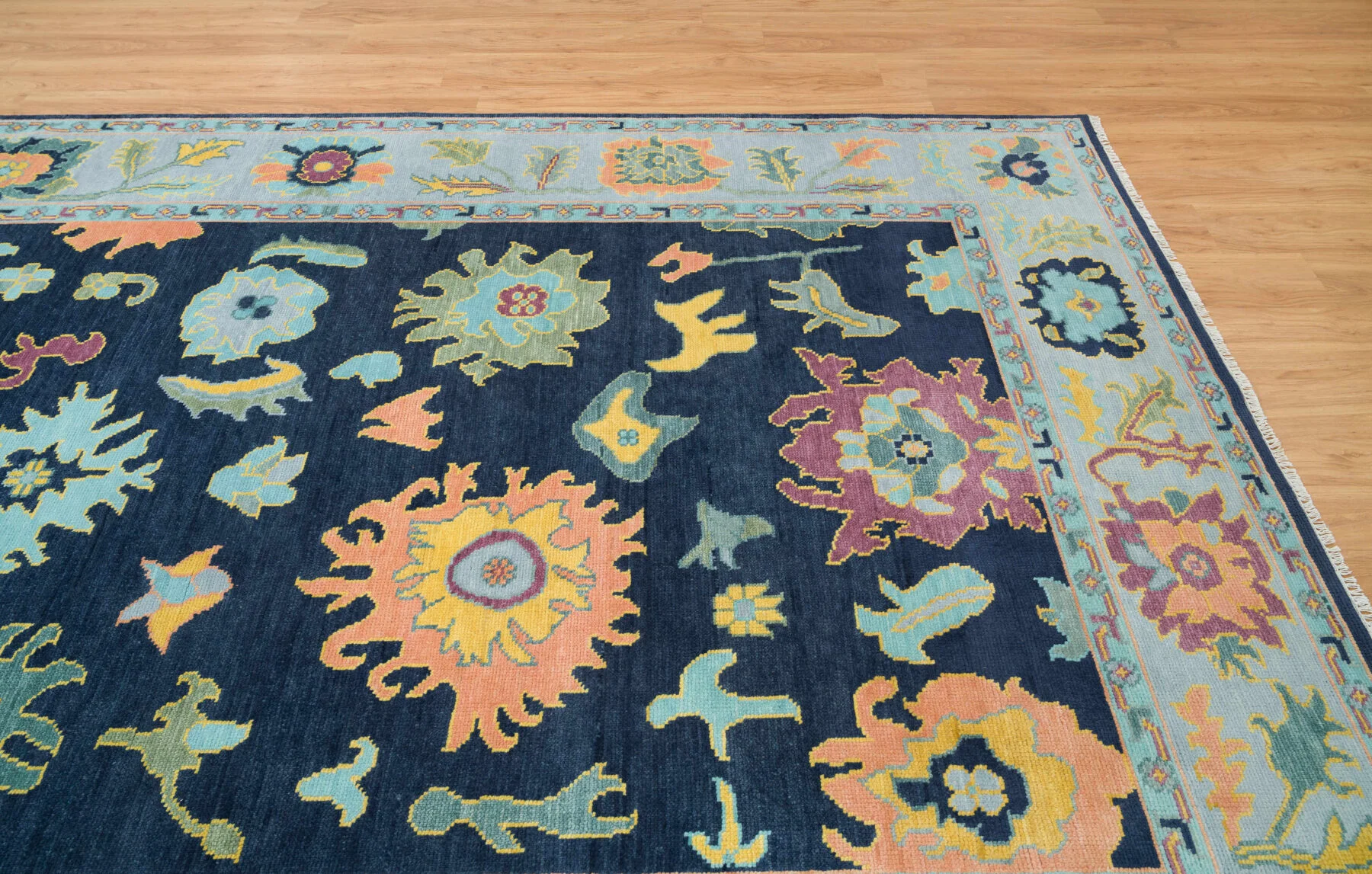 Navy & Peach Hand-Knotted Floral Rug – Palmette & Rosette