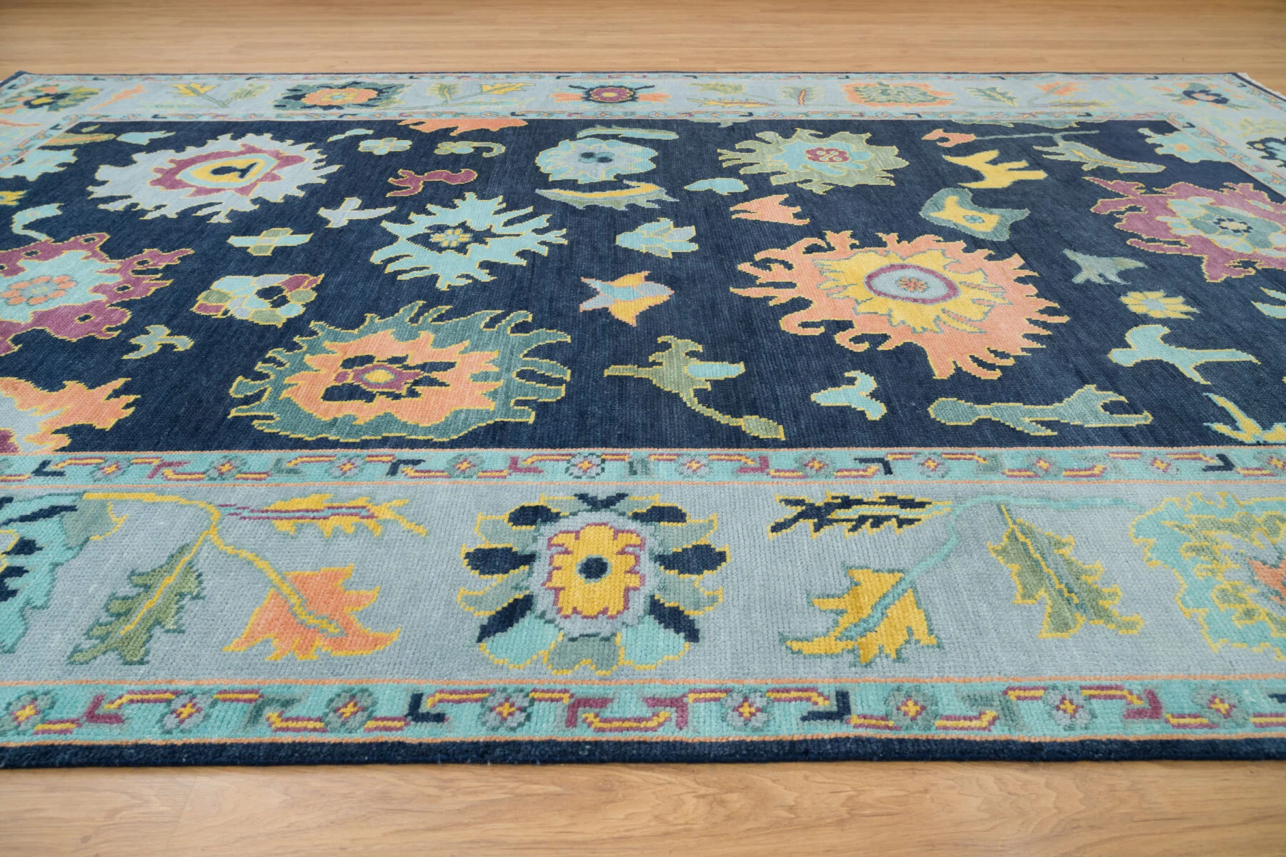 Navy & Peach Hand-Knotted Floral Rug – Palmette & Rosette
