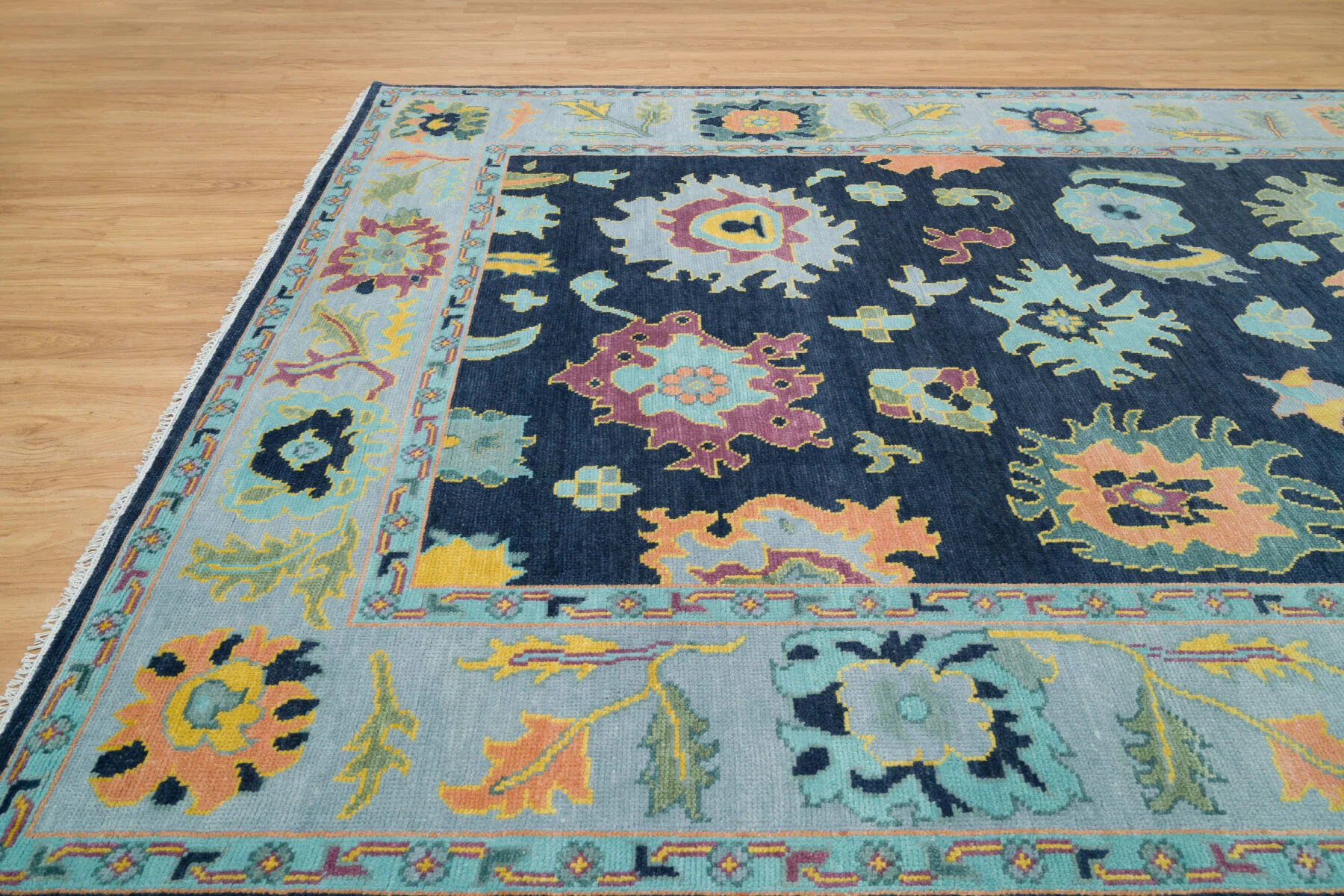 Navy & Peach Hand-Knotted Floral Rug – Palmette & Rosette