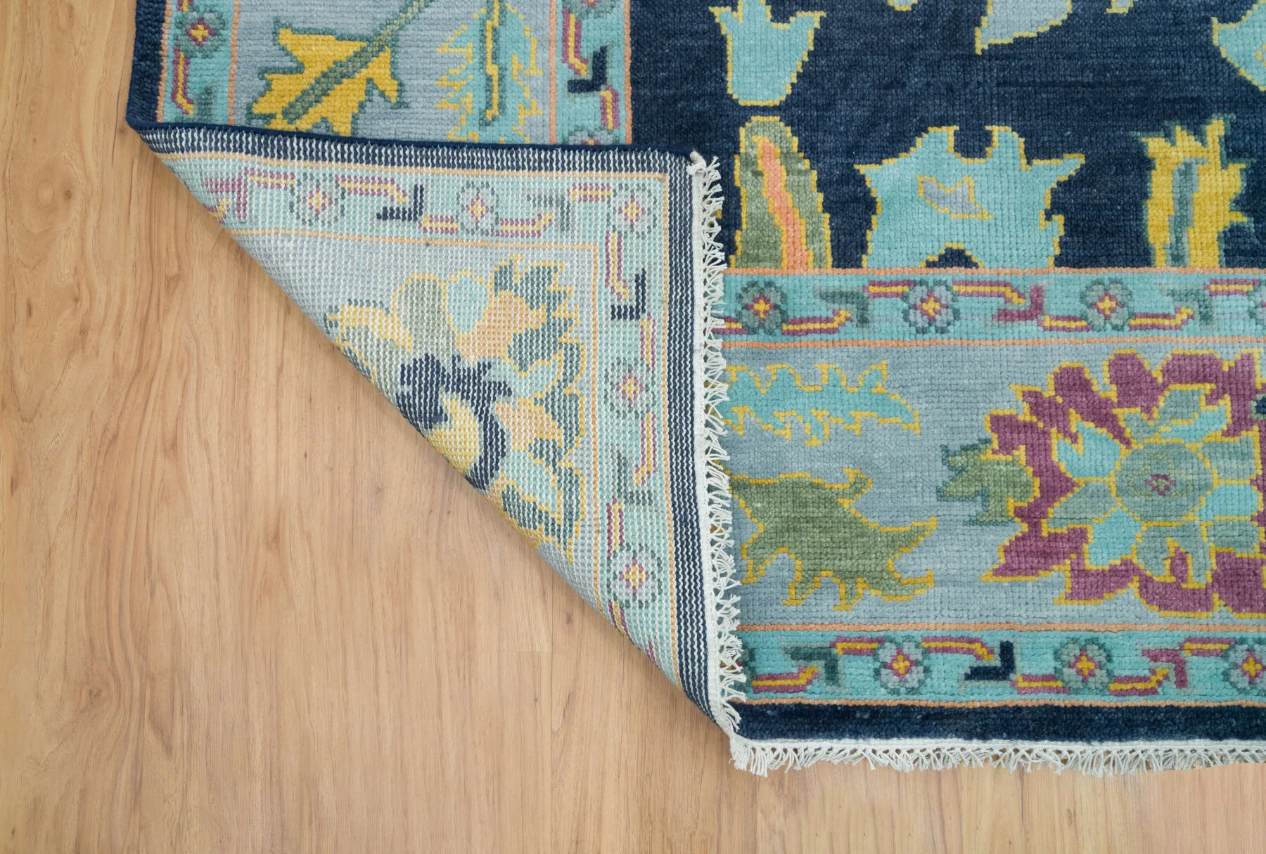 Navy & Peach Hand-Knotted Floral Rug – Palmette & Rosette