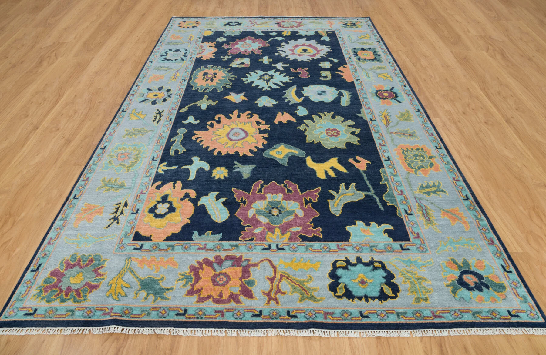 Navy & Peach Hand-Knotted Floral Rug – Palmette & Rosette