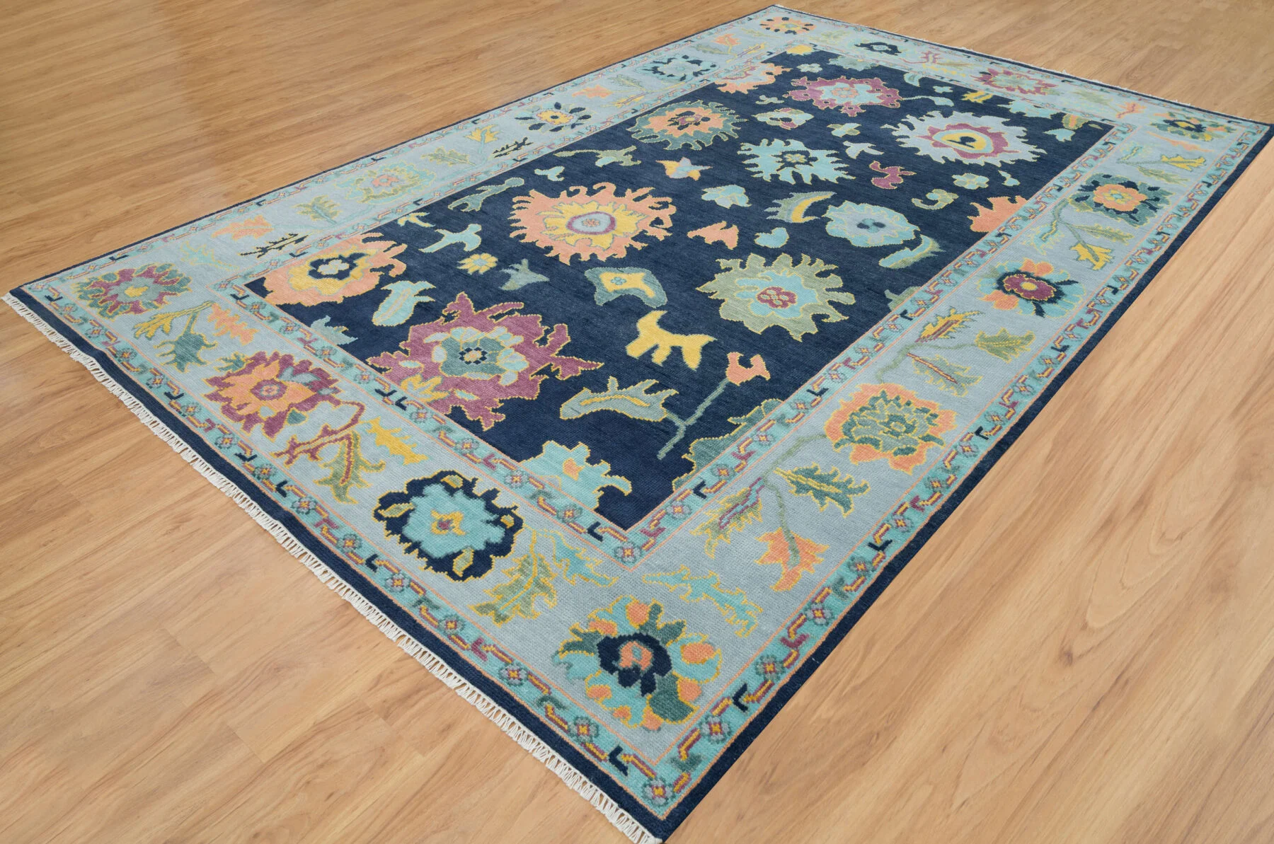 Navy & Peach Hand-Knotted Floral Rug – Palmette & Rosette