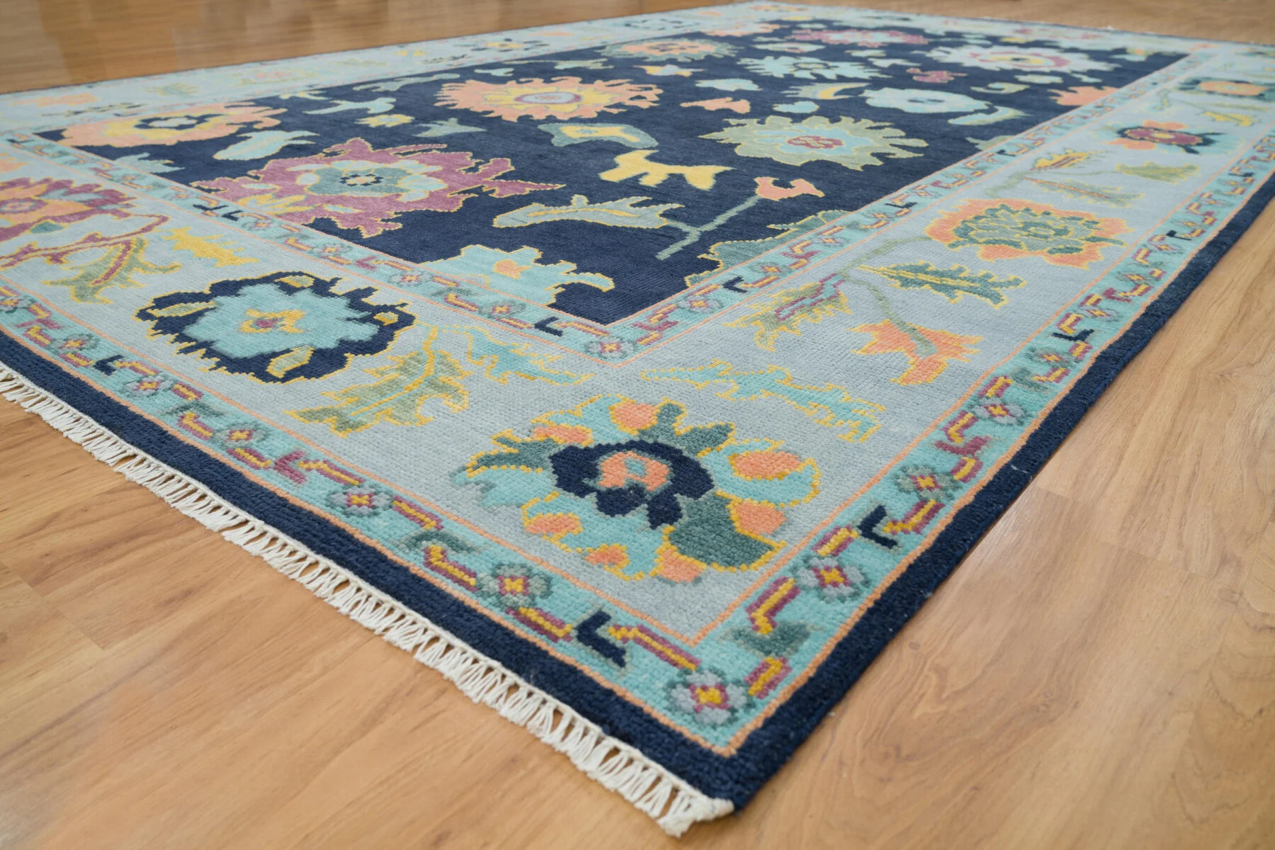 Navy & Peach Hand-Knotted Floral Rug – Palmette & Rosette