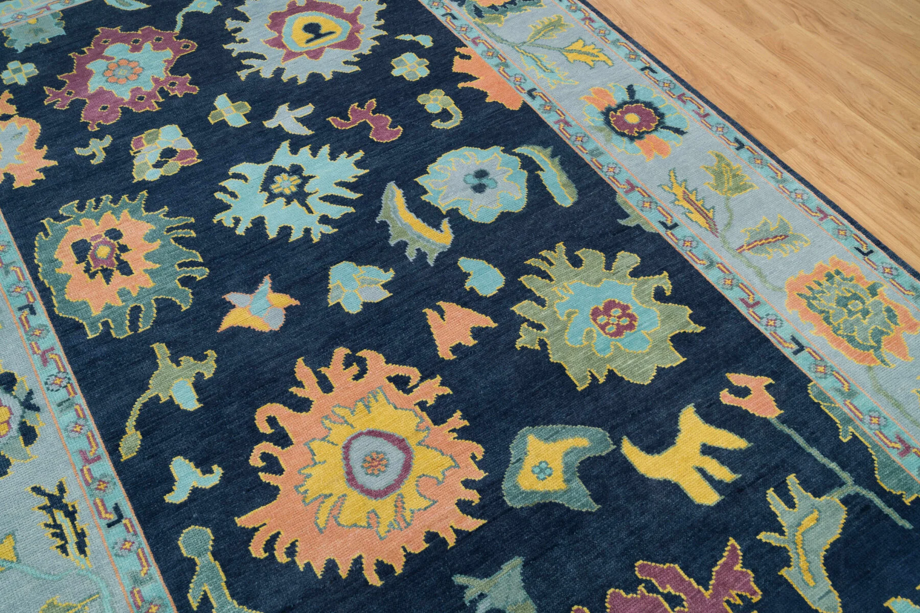 Navy & Peach Hand-Knotted Floral Rug – Palmette & Rosette