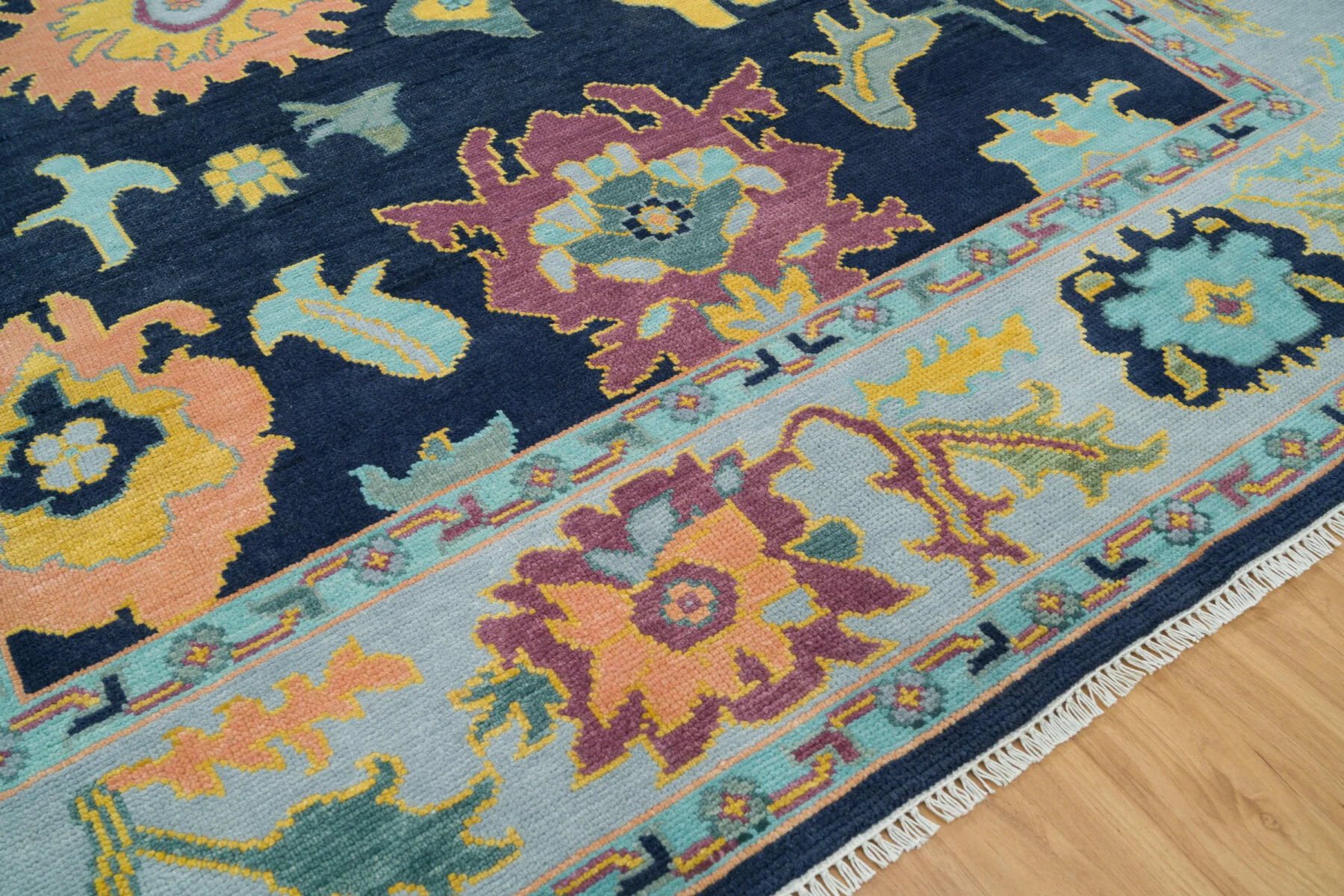 Navy & Peach Hand-Knotted Floral Rug – Palmette & Rosette