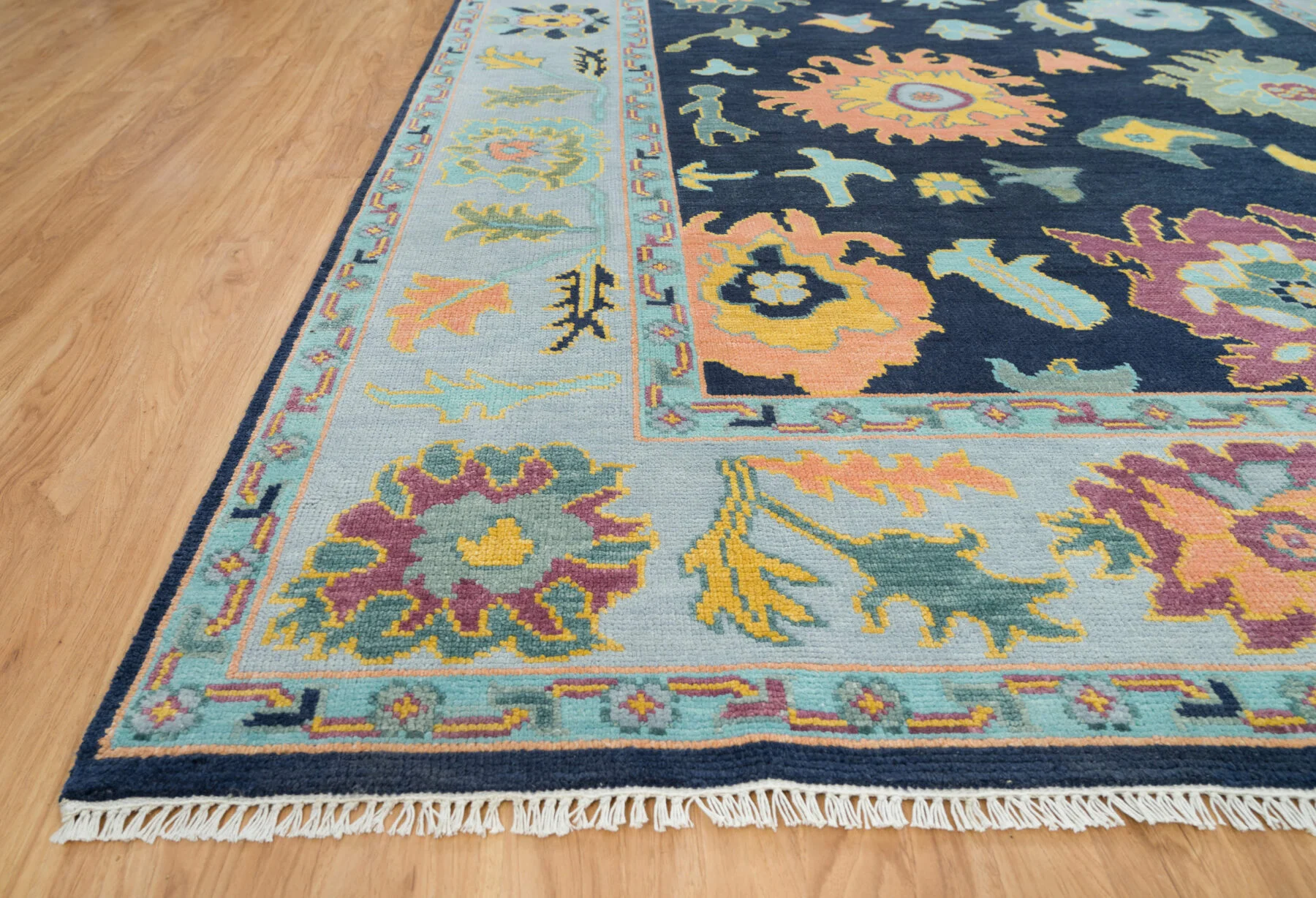 Navy & Peach Hand-Knotted Floral Rug – Palmette & Rosette