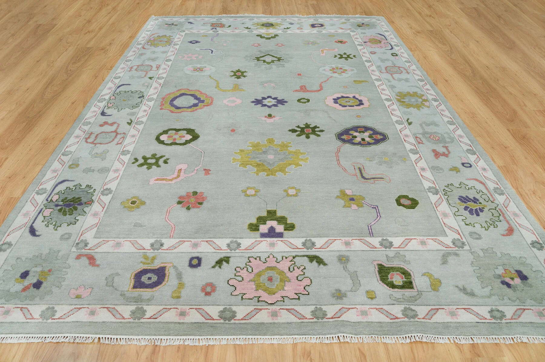 Sage Hand-Knotted Floral Rug – Rosette & Palmette