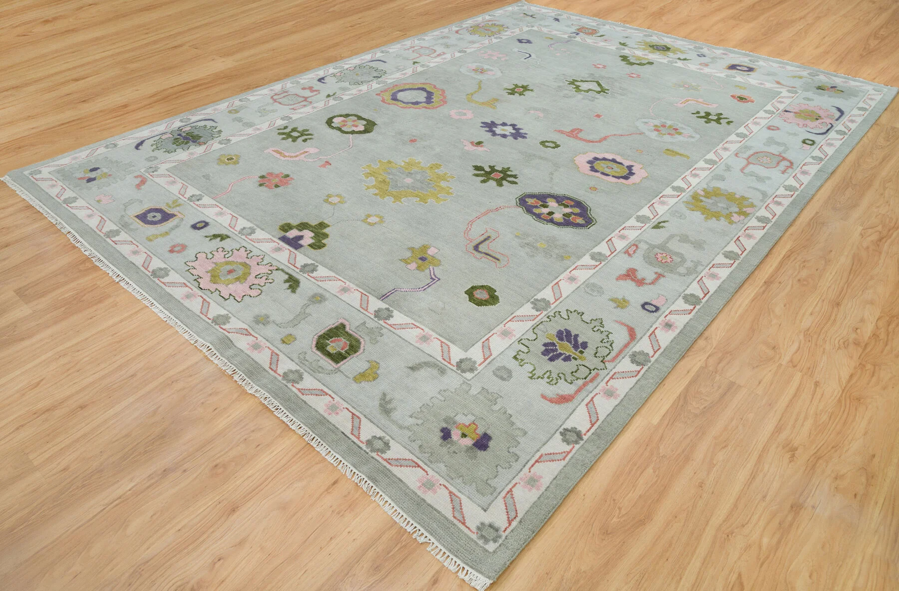 Sage Hand-Knotted Floral Rug – Rosette & Palmette