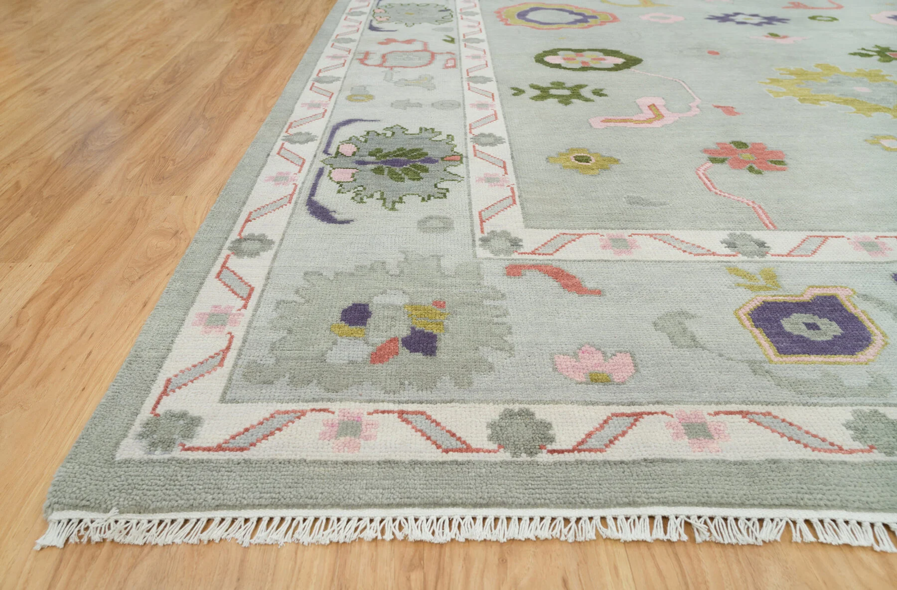 Sage Hand-Knotted Floral Rug – Rosette & Palmette