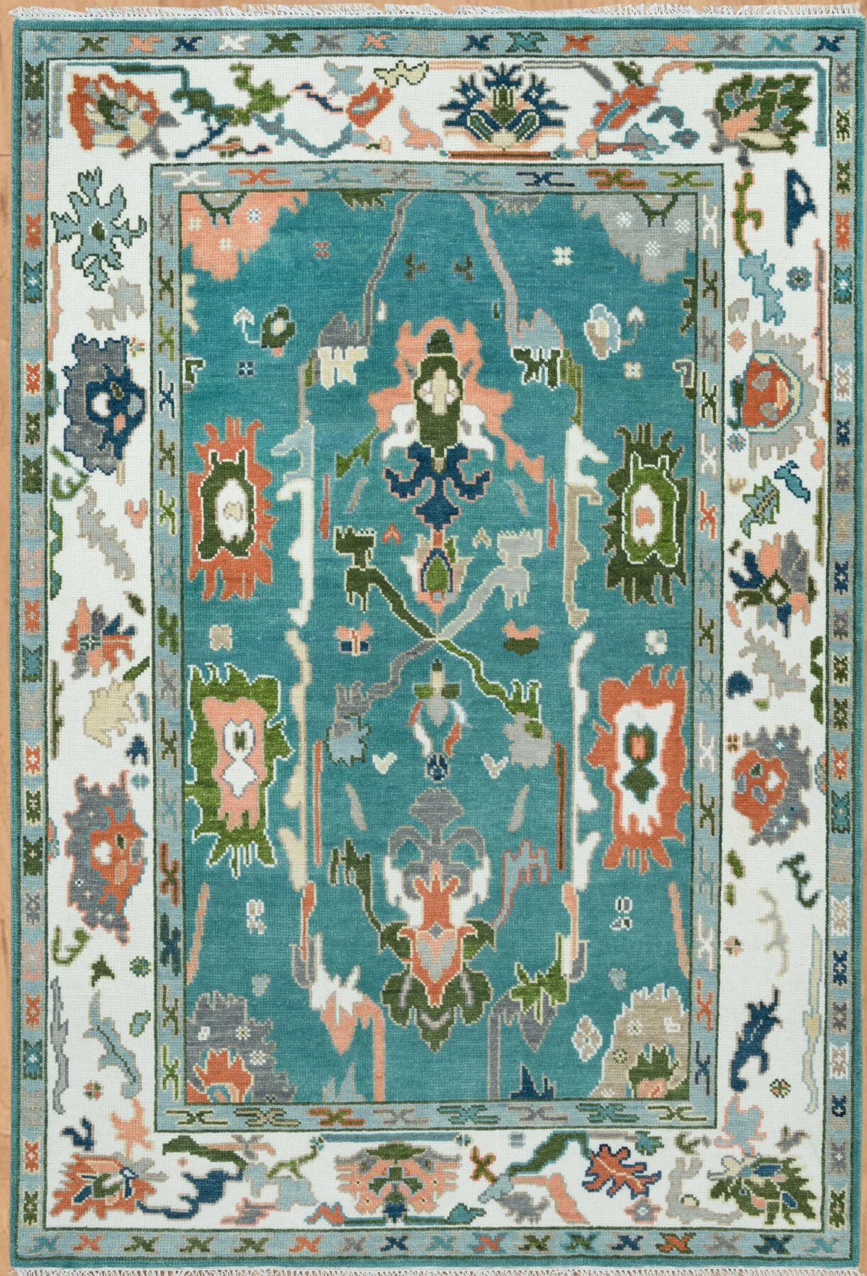 Teal & Peach Hand-Knotted Floral Rug – Palmette & Rosette