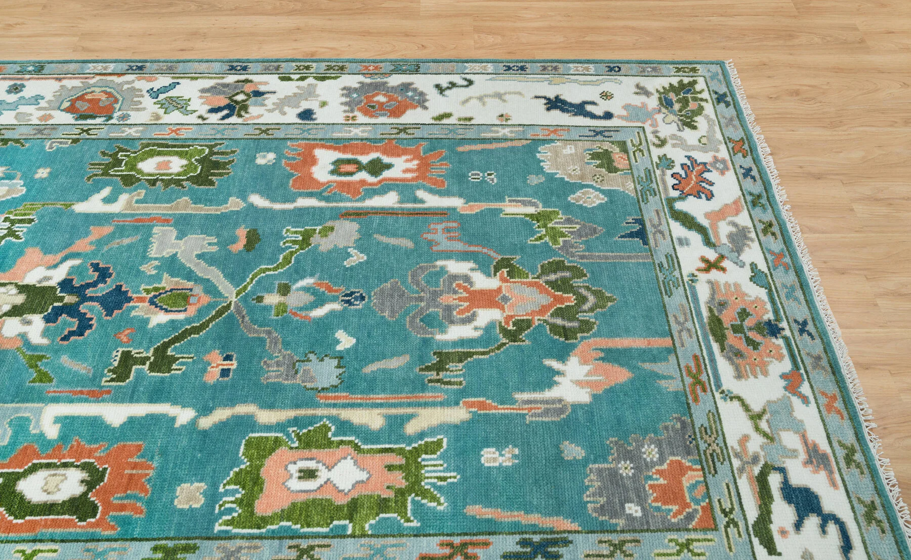 Teal & Peach Hand-Knotted Floral Rug – Palmette & Rosette