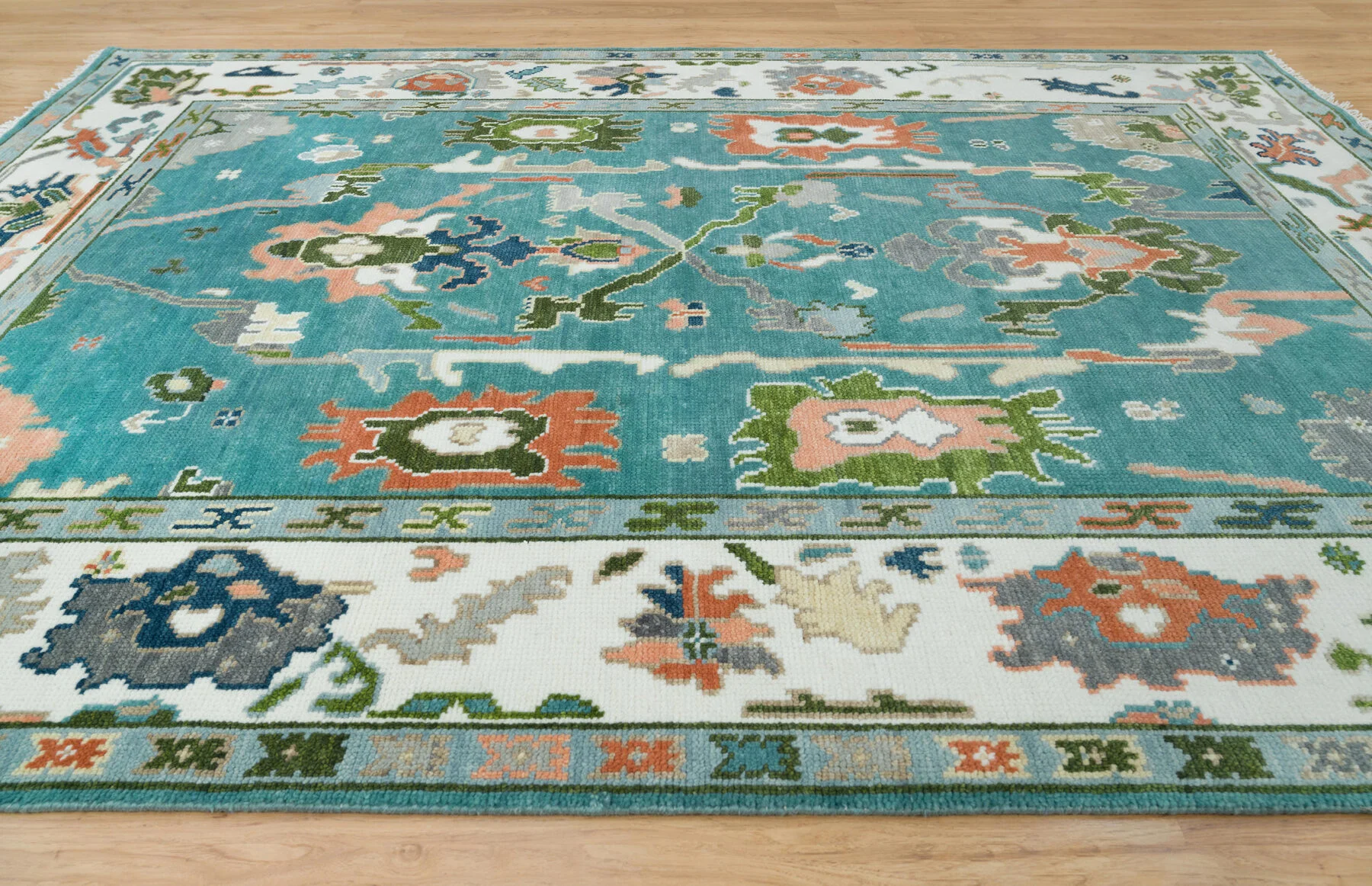 Teal & Peach Hand-Knotted Floral Rug – Palmette & Rosette