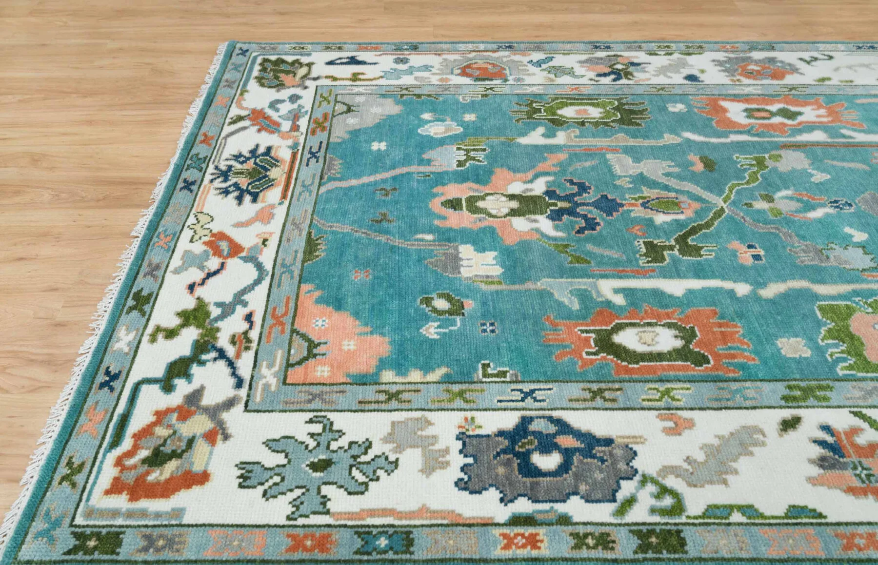 Teal & Peach Hand-Knotted Floral Rug – Palmette & Rosette