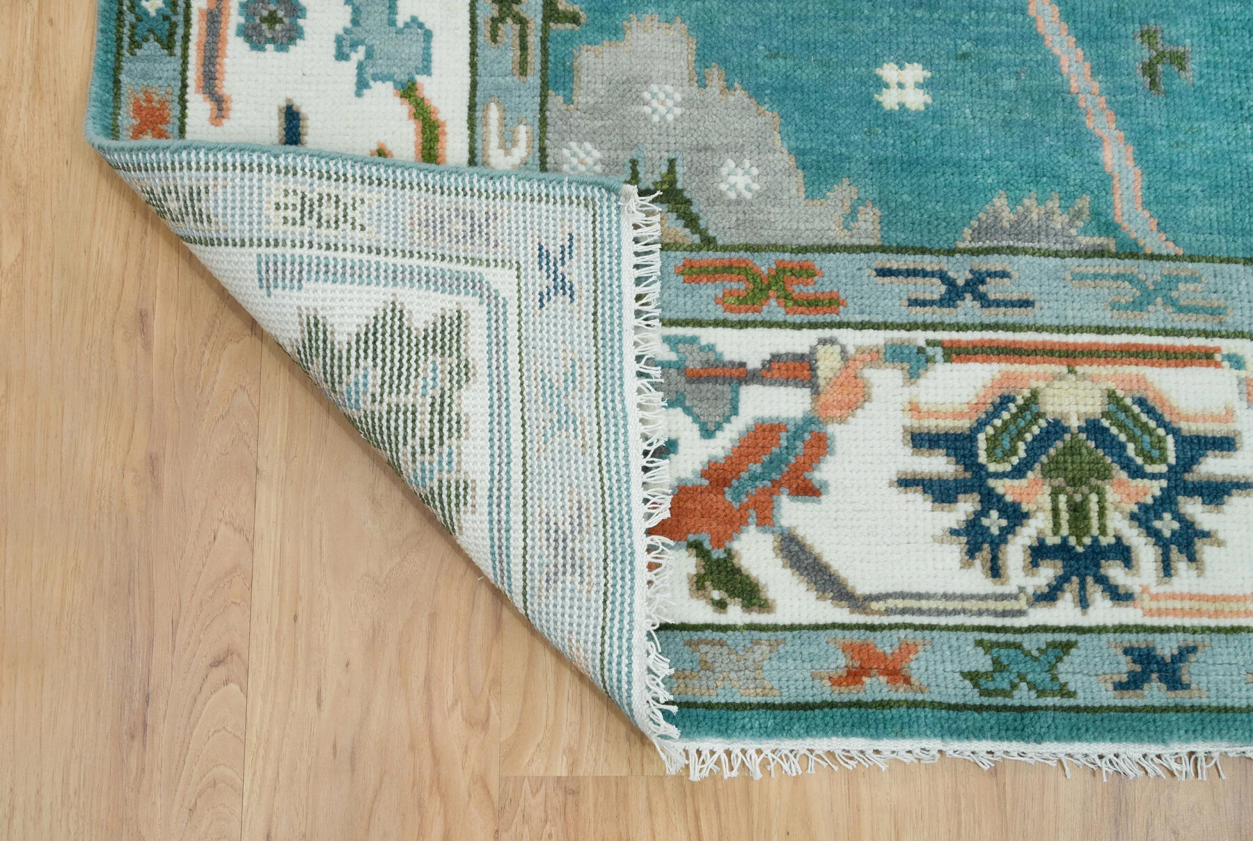 Teal & Peach Hand-Knotted Floral Rug – Palmette & Rosette