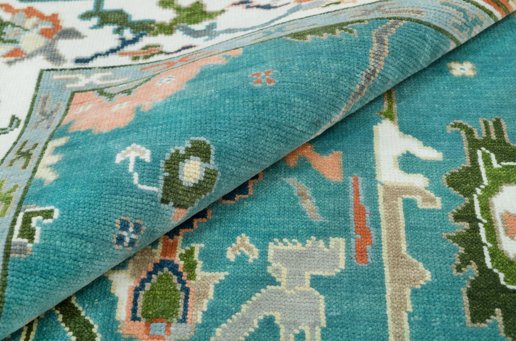 Teal & Peach Hand-Knotted Floral Rug – Palmette & Rosette