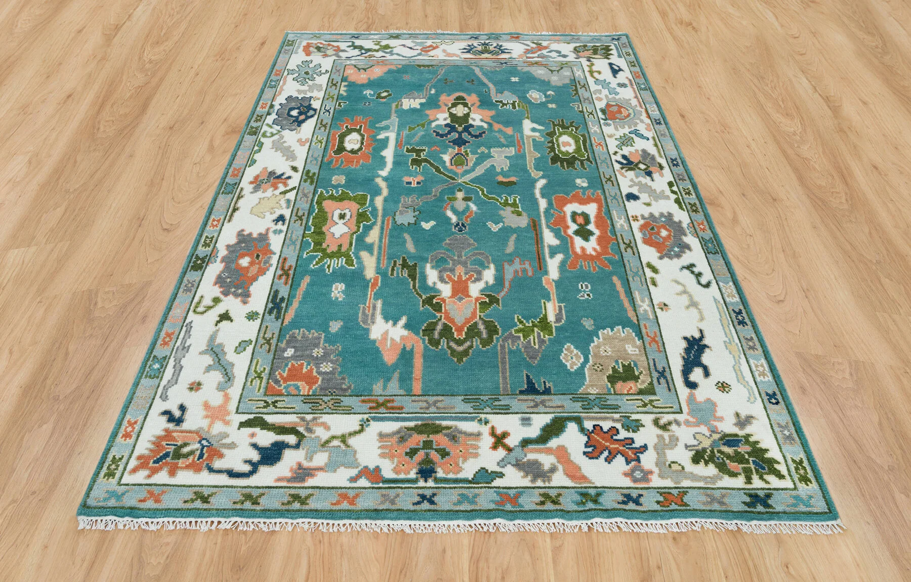 Teal & Peach Hand-Knotted Floral Rug – Palmette & Rosette