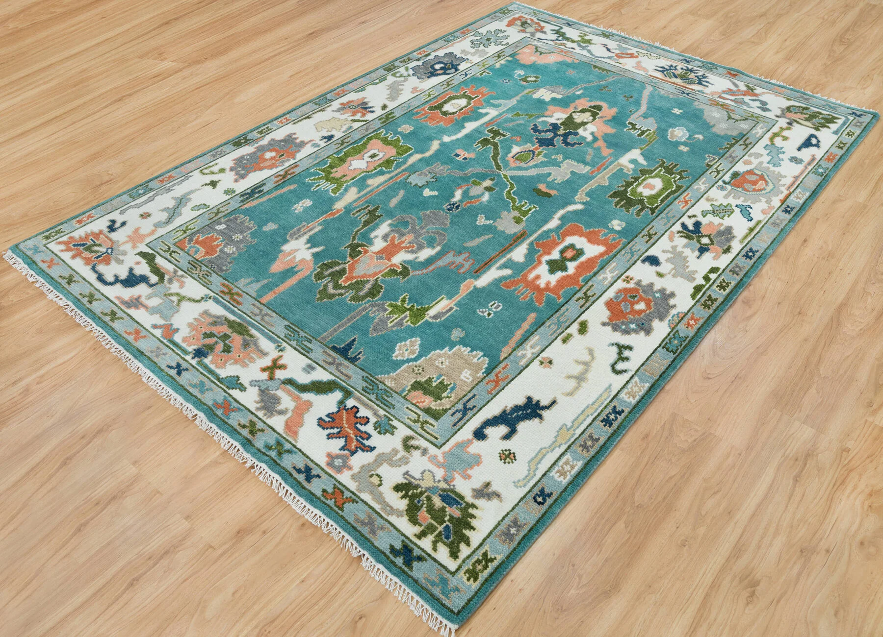 Teal & Peach Hand-Knotted Floral Rug – Palmette & Rosette