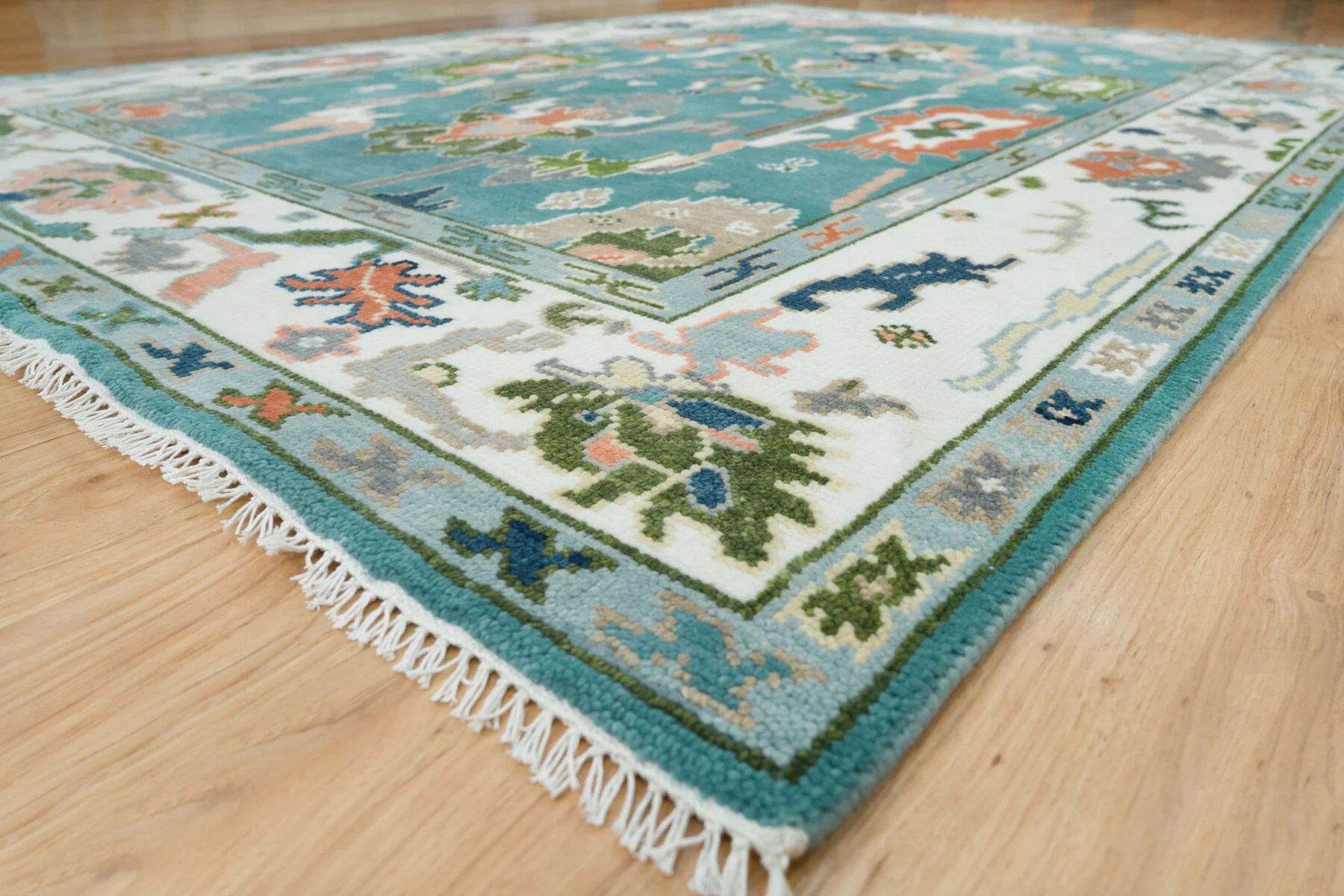 Teal & Peach Hand-Knotted Floral Rug – Palmette & Rosette