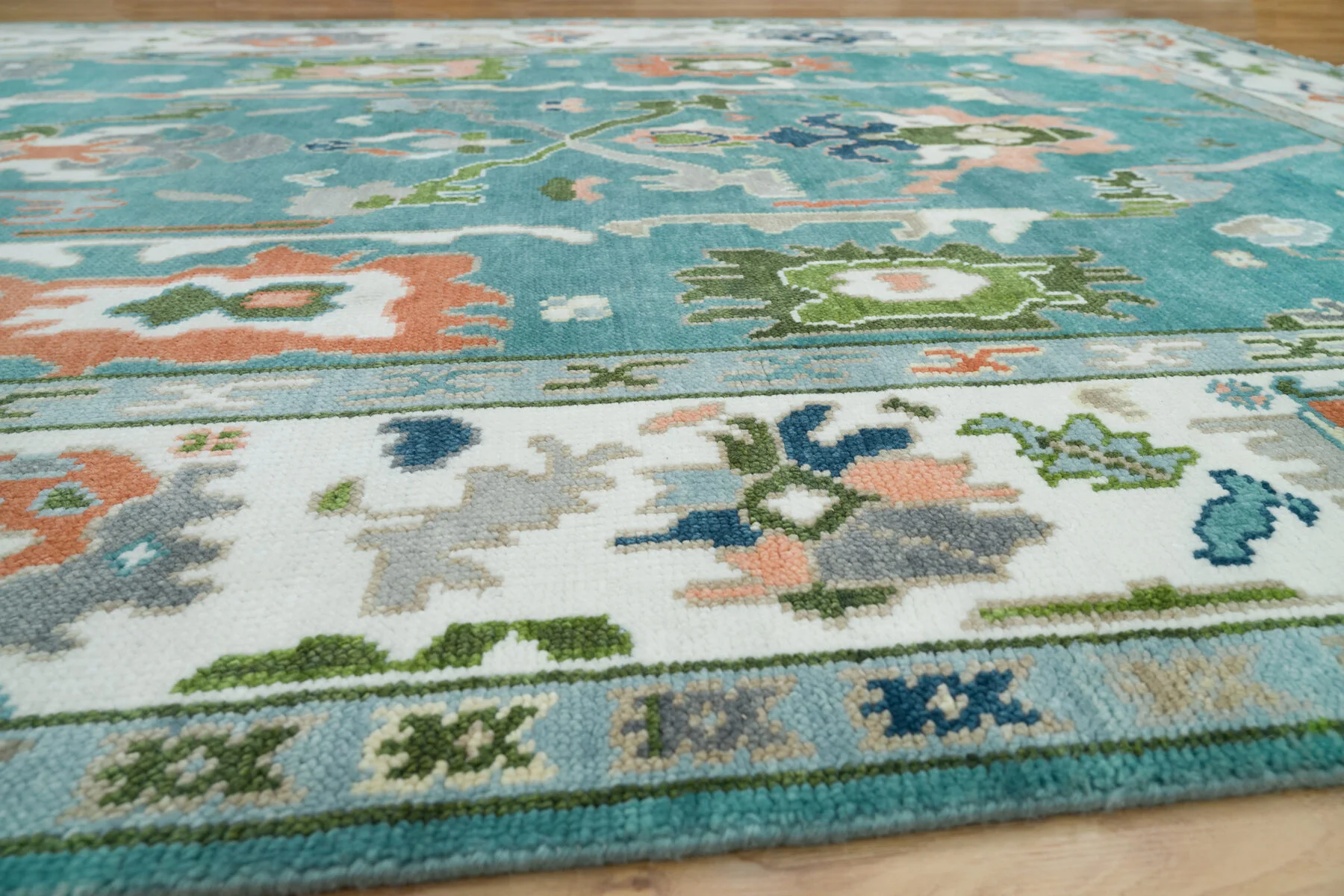 Teal & Peach Hand-Knotted Floral Rug – Palmette & Rosette