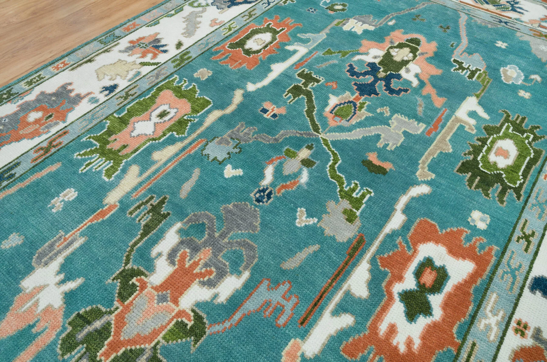 Teal & Peach Hand-Knotted Floral Rug – Palmette & Rosette
