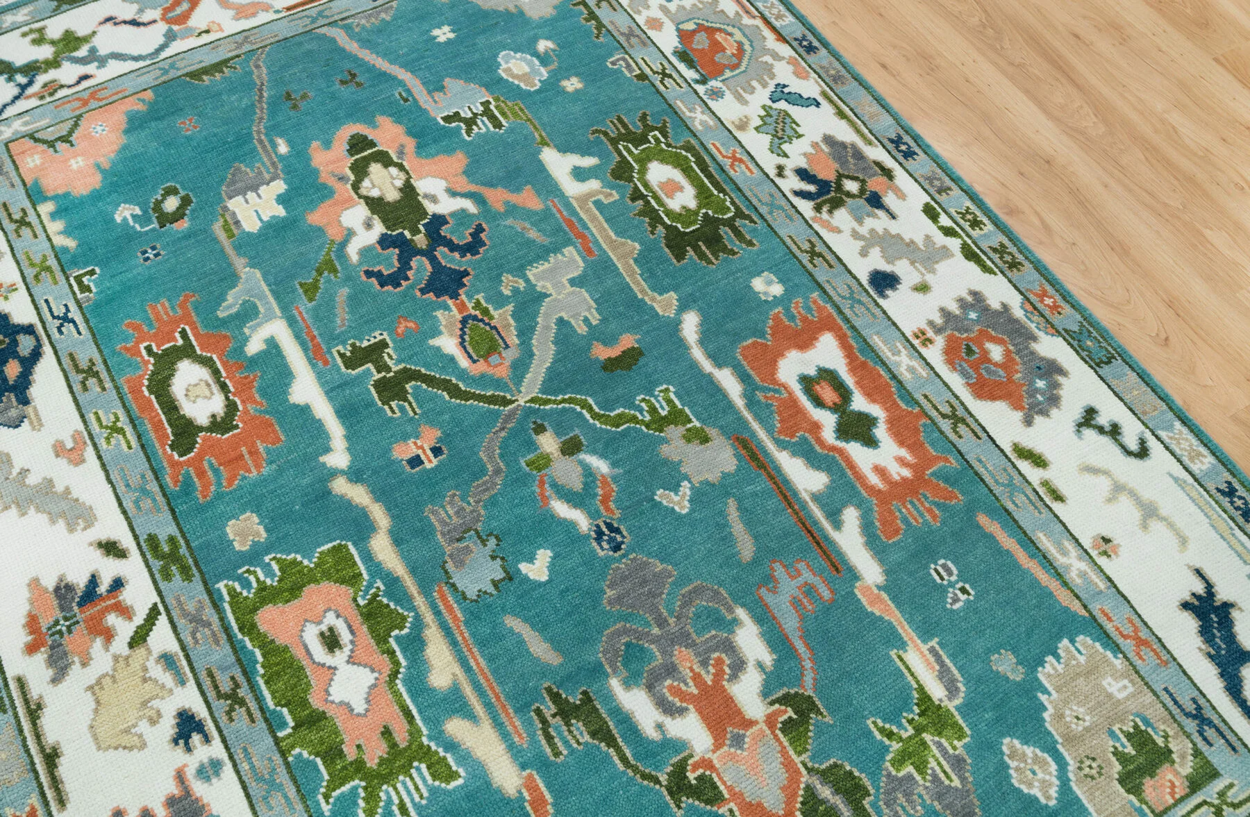 Teal & Peach Hand-Knotted Floral Rug – Palmette & Rosette