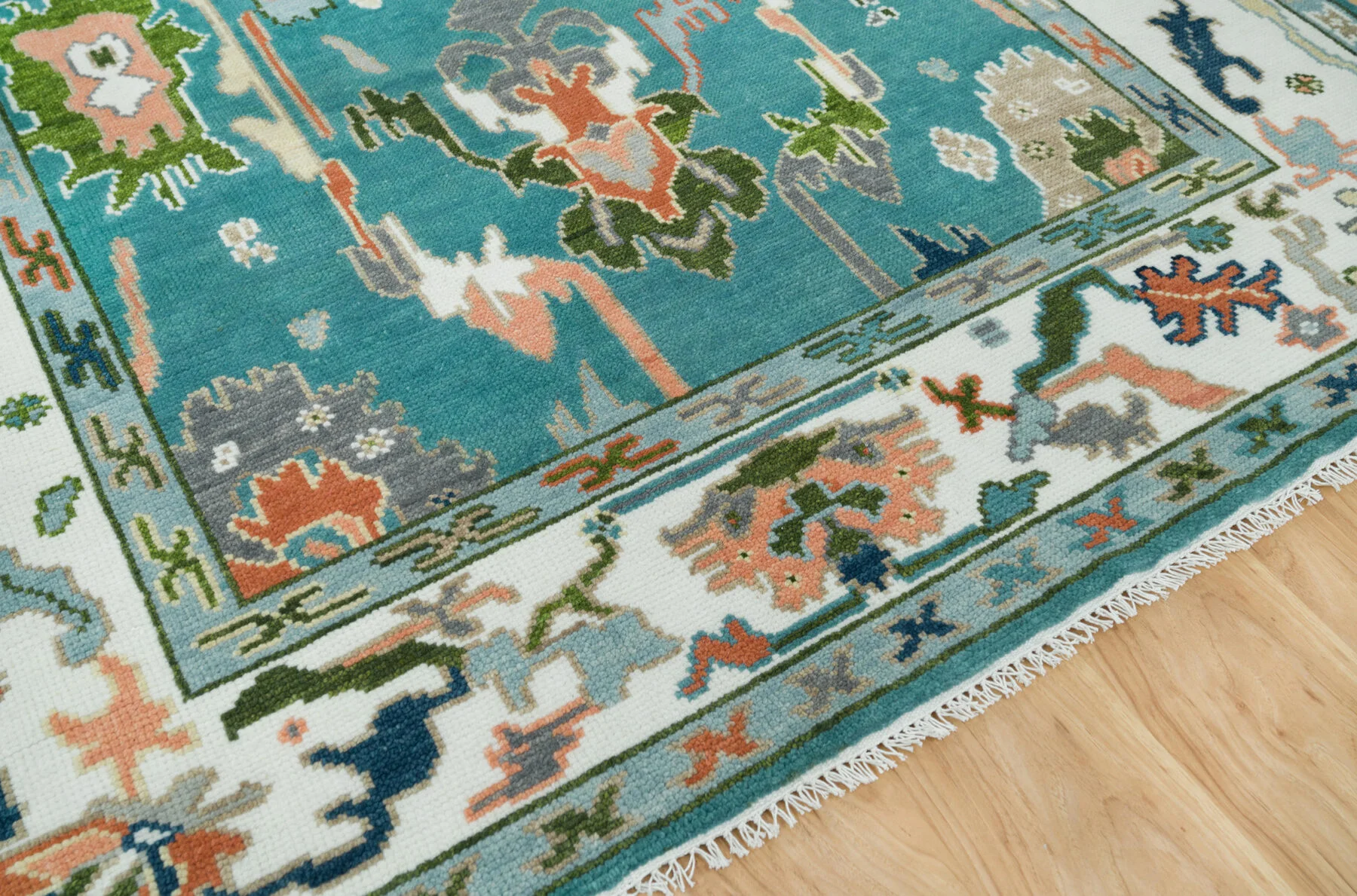 Teal & Peach Hand-Knotted Floral Rug – Palmette & Rosette