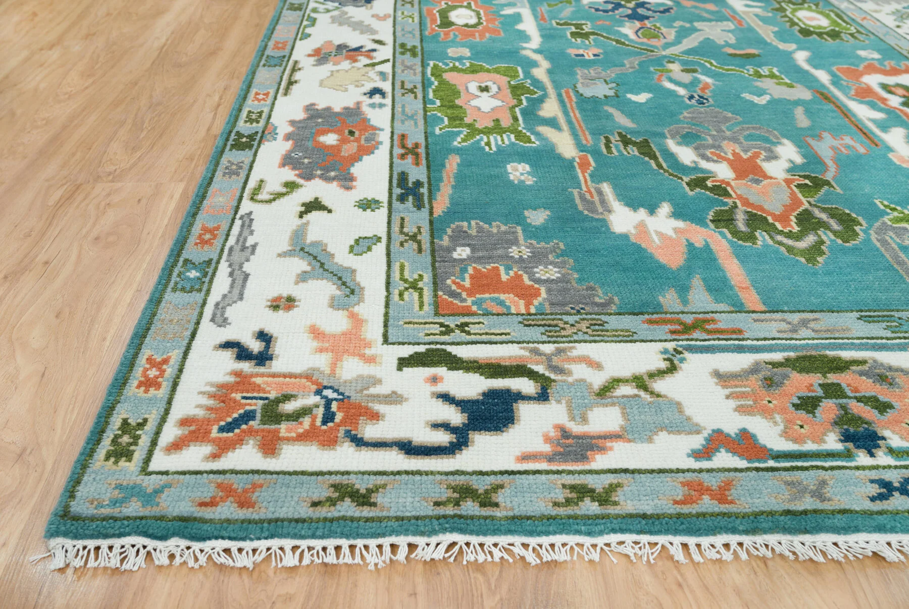 Teal & Peach Hand-Knotted Floral Rug – Palmette & Rosette