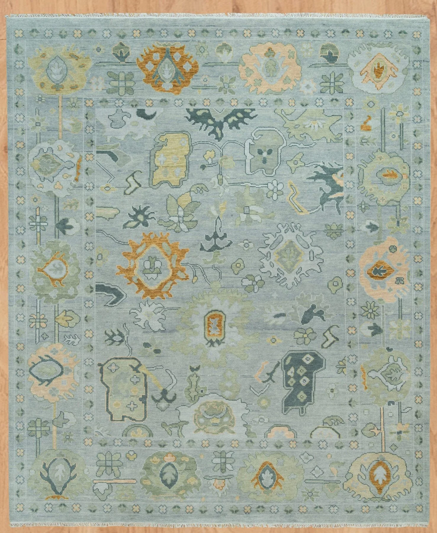 Sage & Green Hand-Knotted Floral Rug – Palmette & Rosette