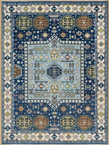 Hand-knotted wool Oushak rug with deep navy field, ivory border, and intricate geometric medallion in blue, gold, and brown.