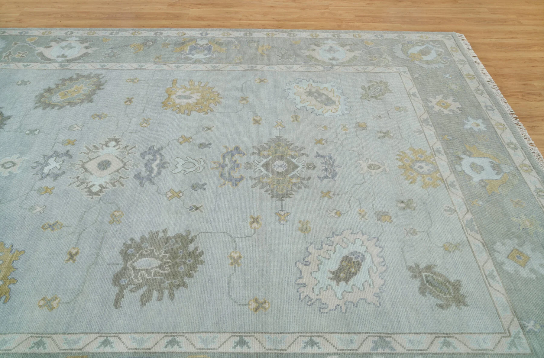 Sage & Grey Hand-Knotted Floral Rug – Palmette & Rosette