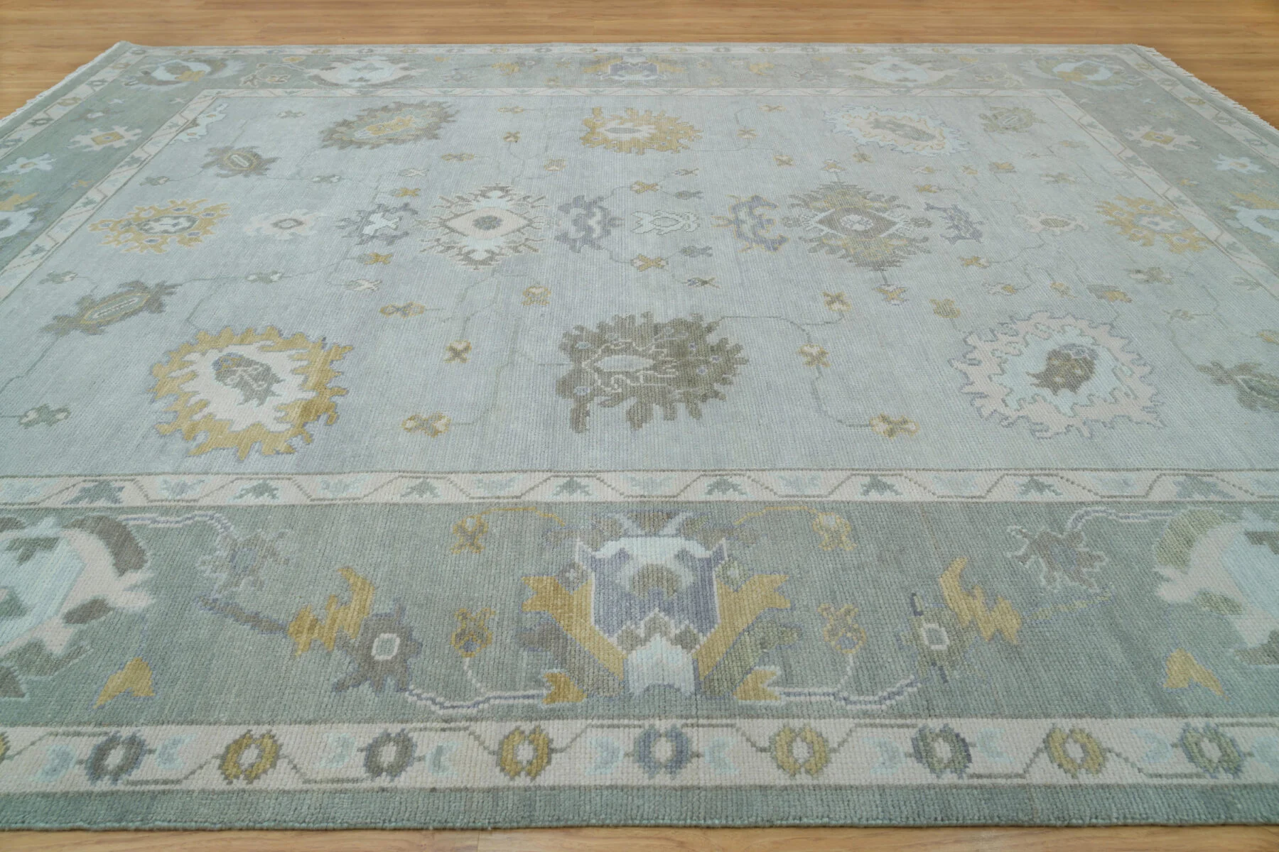 Sage & Grey Hand-Knotted Floral Rug – Palmette & Rosette
