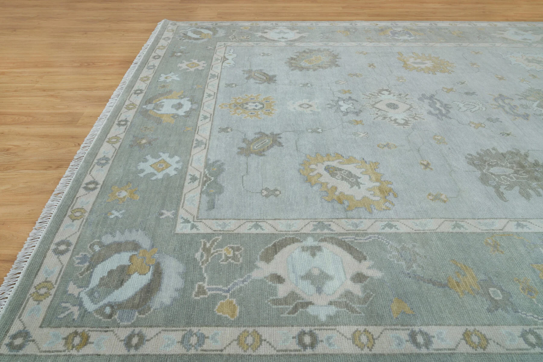 Sage & Grey Hand-Knotted Floral Rug – Palmette & Rosette