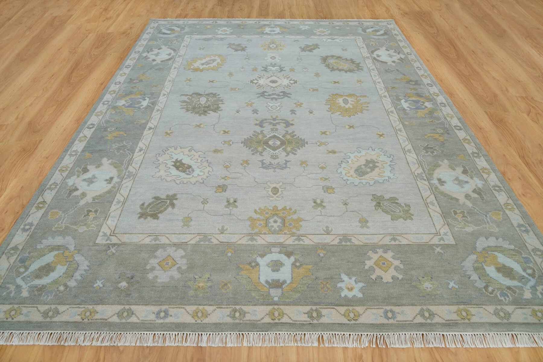 Sage & Grey Hand-Knotted Floral Rug – Palmette & Rosette