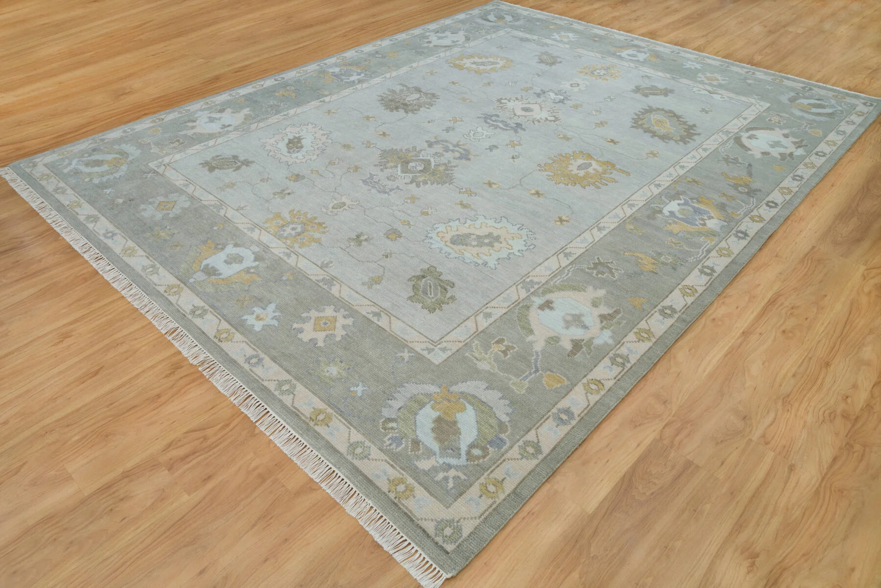 Sage & Grey Hand-Knotted Floral Rug – Palmette & Rosette