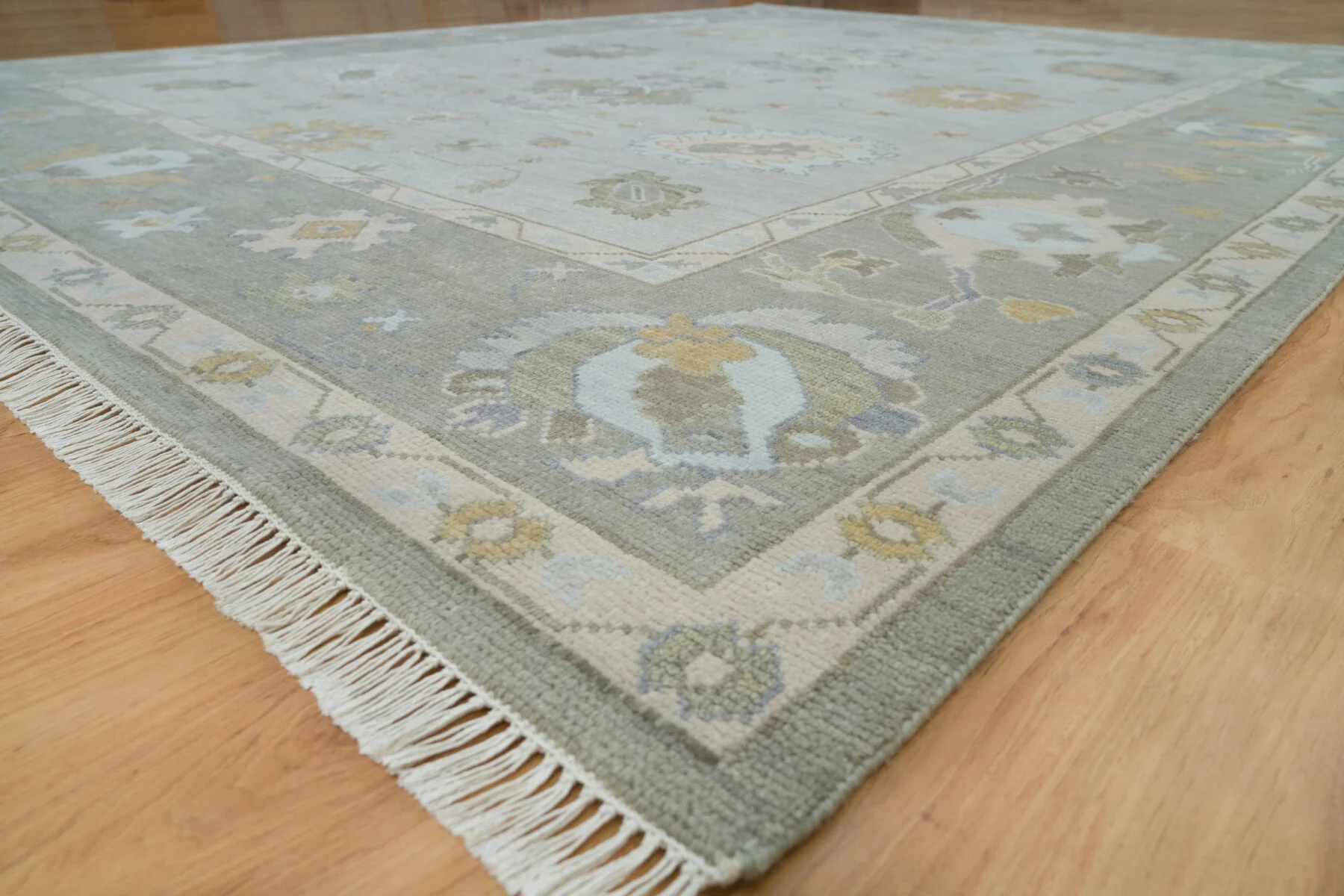Sage & Grey Hand-Knotted Floral Rug – Palmette & Rosette