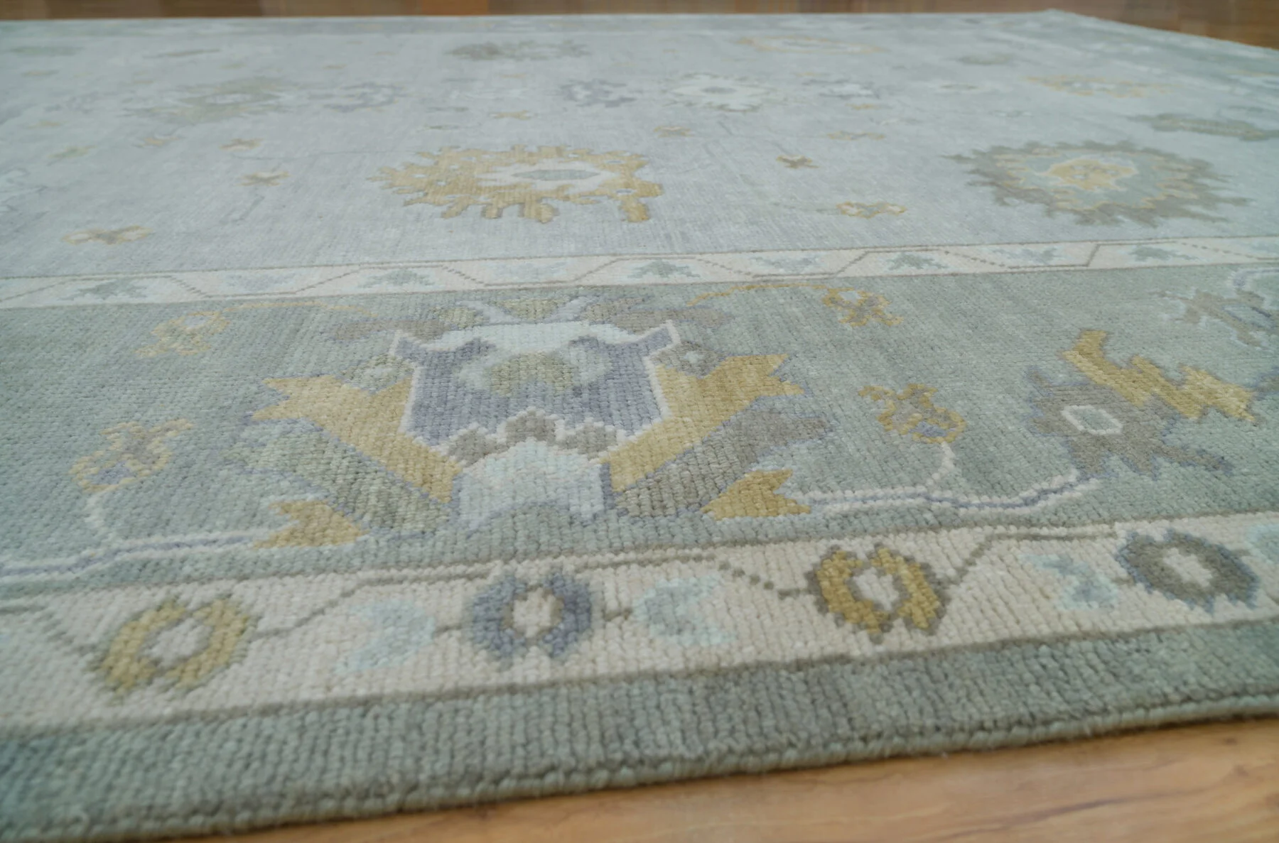 Sage & Grey Hand-Knotted Floral Rug – Palmette & Rosette